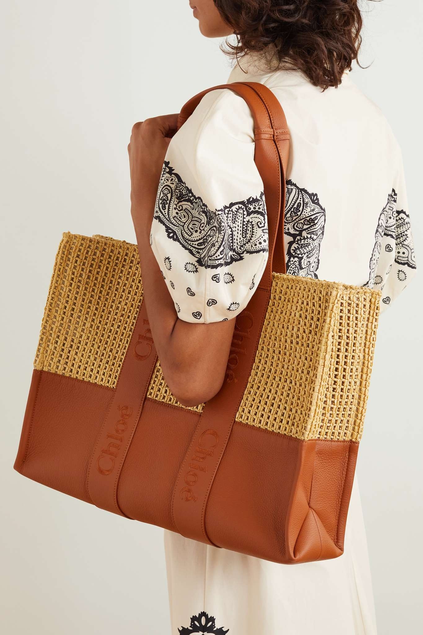 Woody large raffia and embroidered textured-leather tote - 2