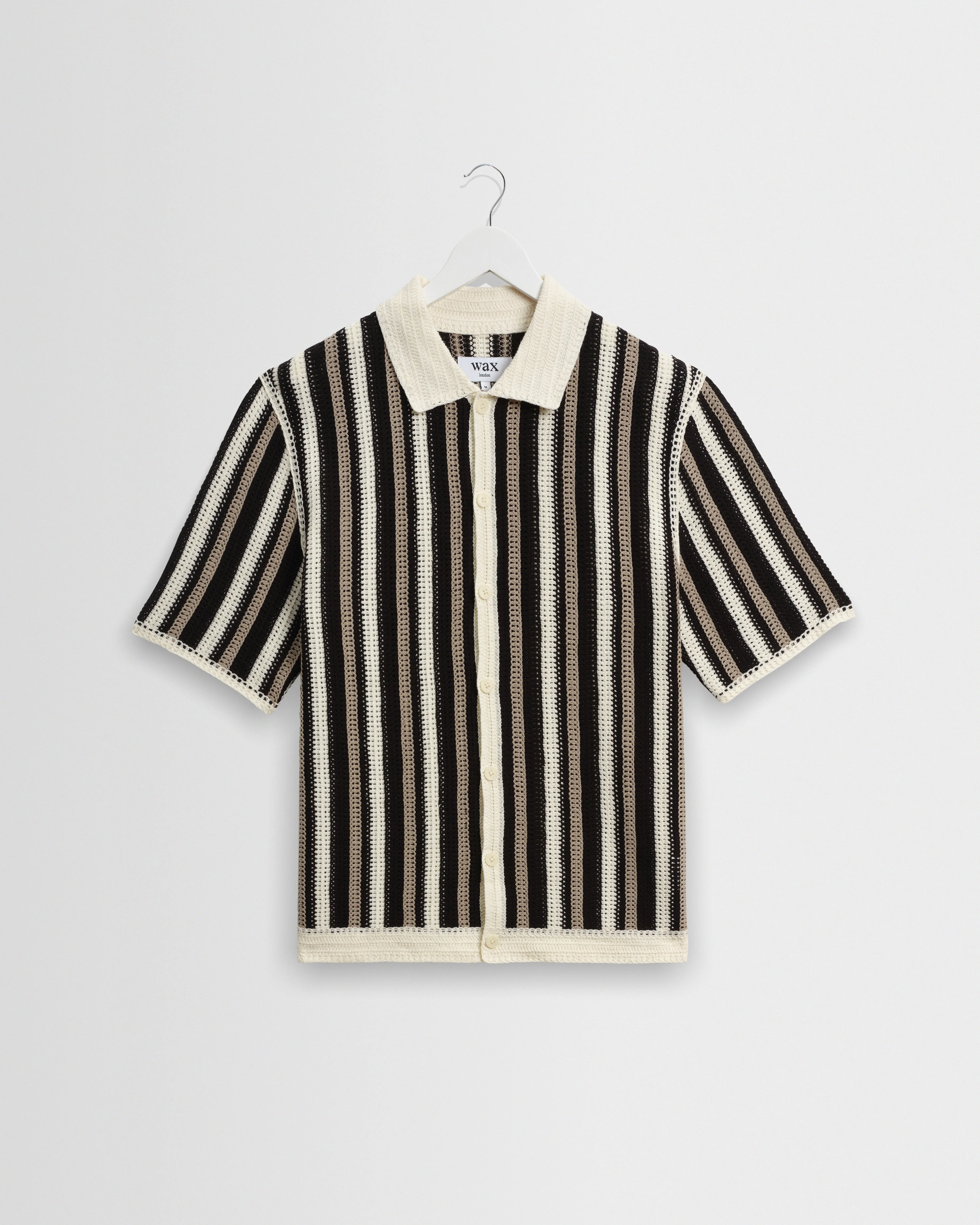 Porto - Ecru And Black Stripe Crochet Knitted Shirt - 1