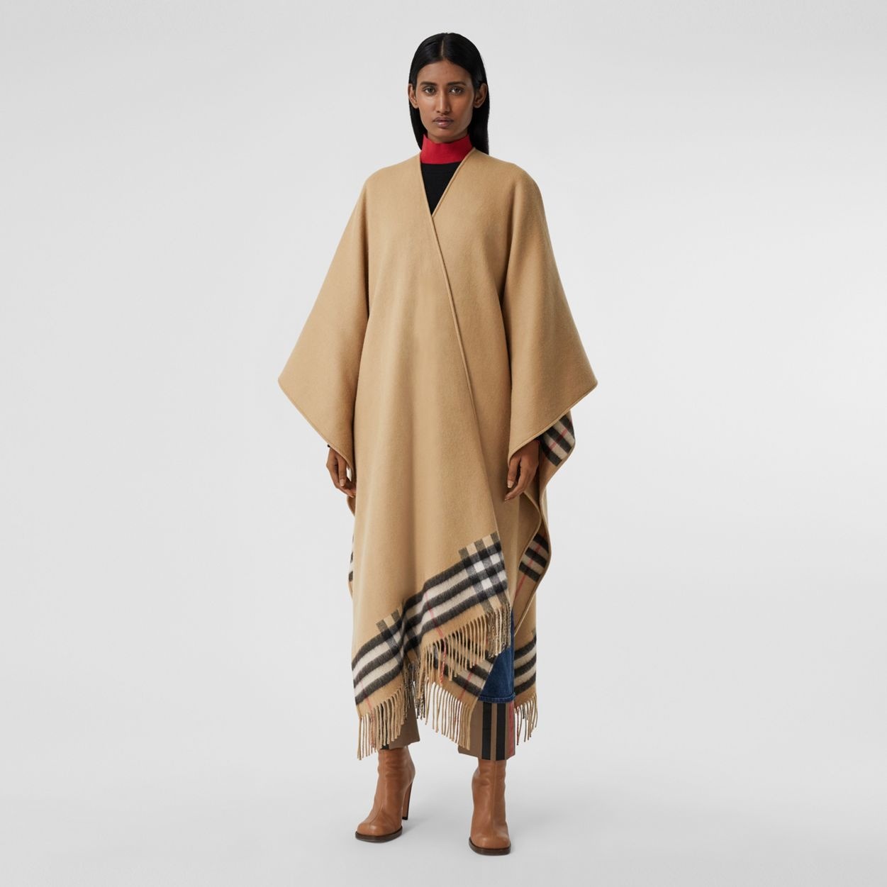 Reversible Check Wool Cashmere Cape - 6