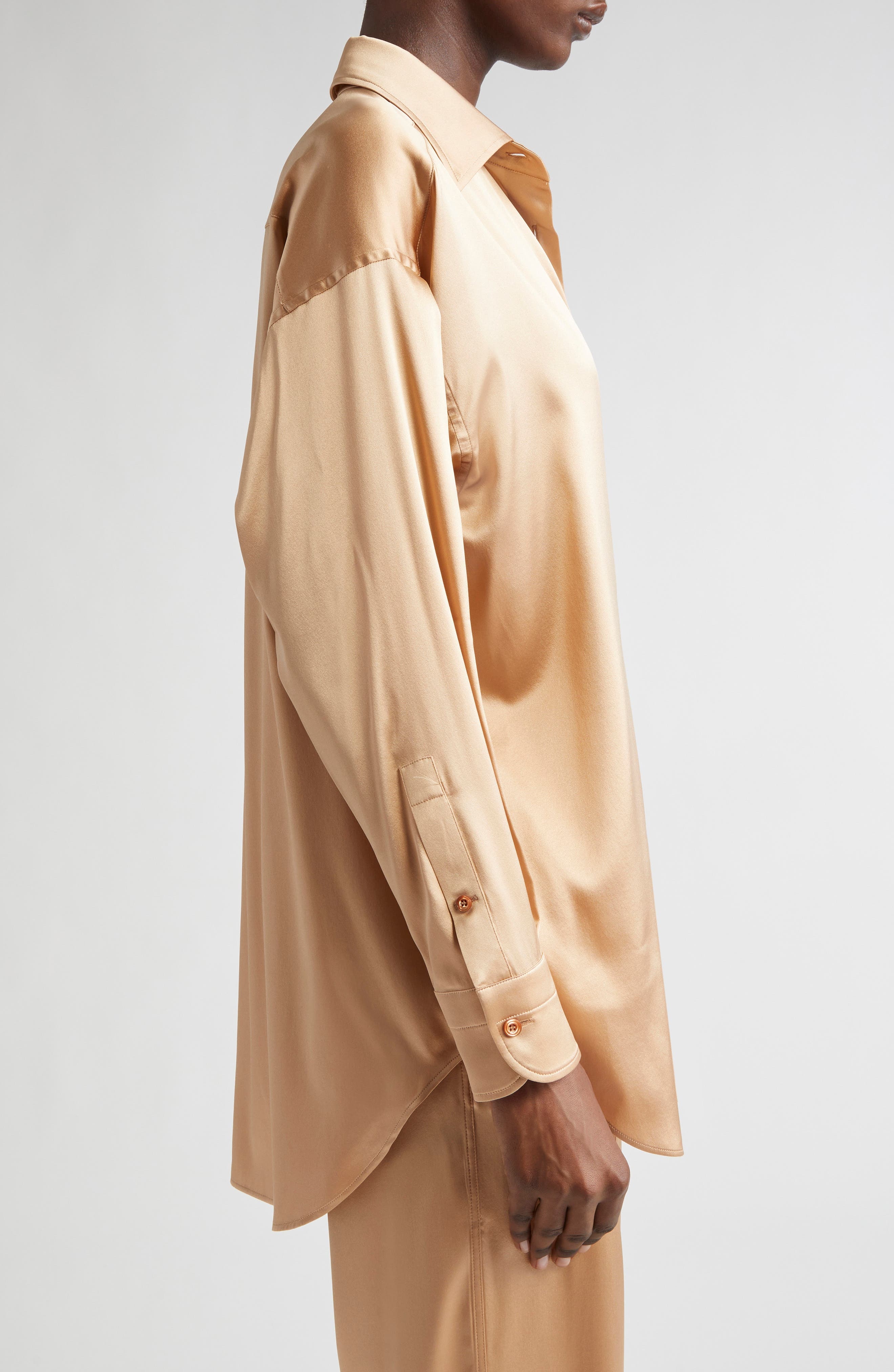 TOM FORD Relaxed Fit Stretch Silk Satin Blouse in Pale Beige at Nordstrom - 4