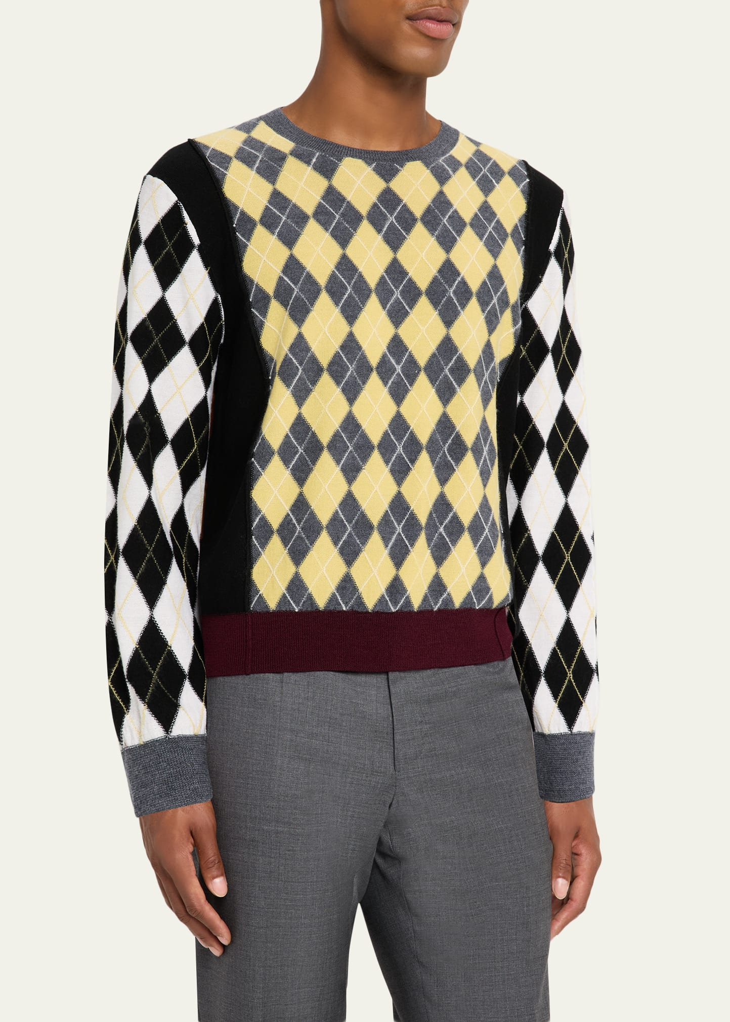 Men's Merino Wool Color-Block Argyle Crewneck Sweater - 4