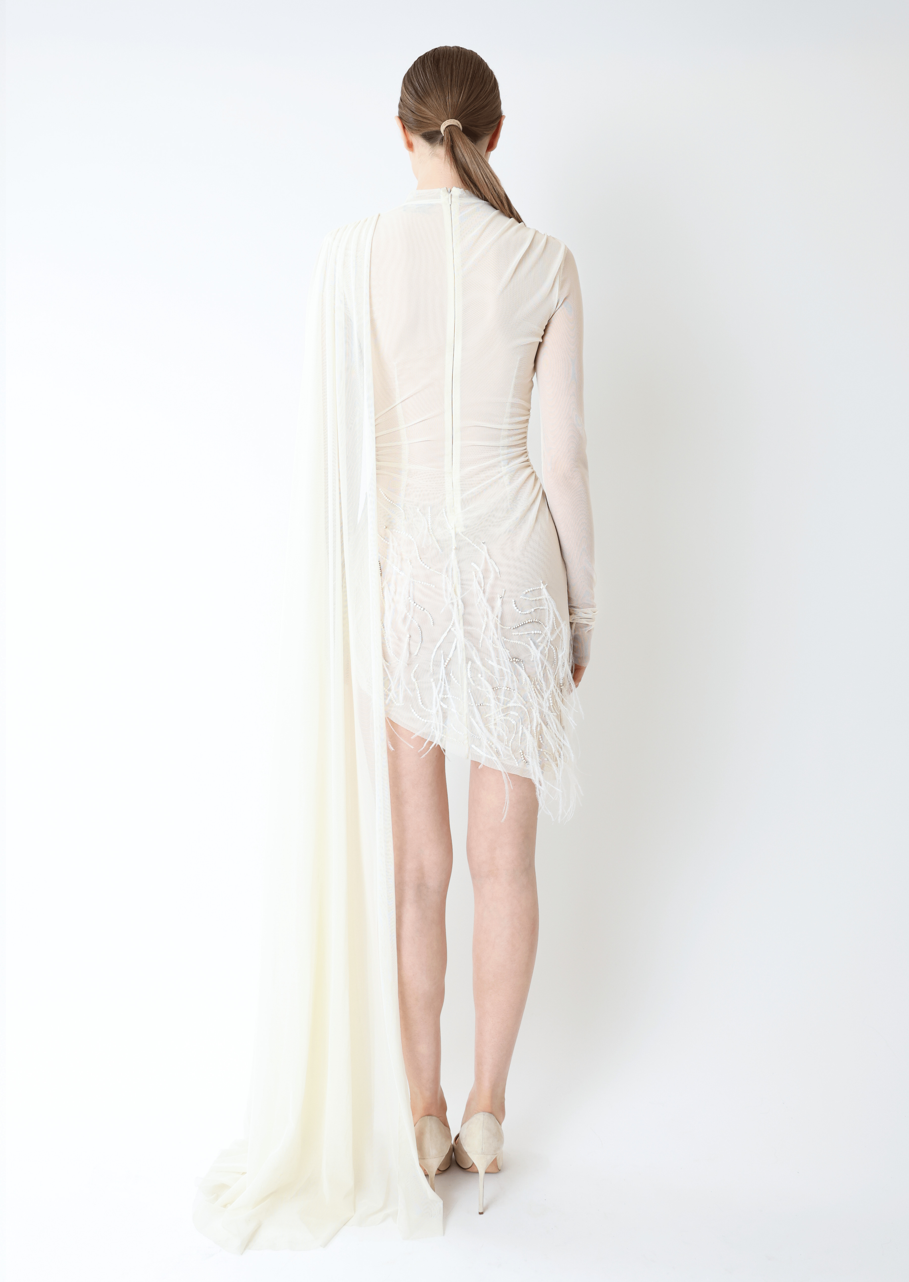 Mesh High Neck Cape Dress With Feathers - 3