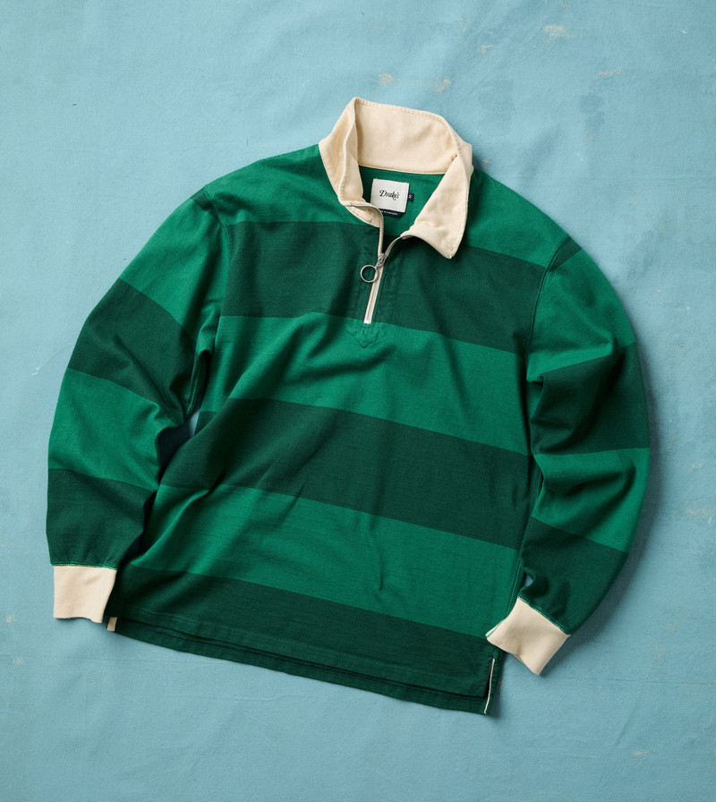Green Block Stripe Cotton Quarter Zip Rugby Shirt - 1