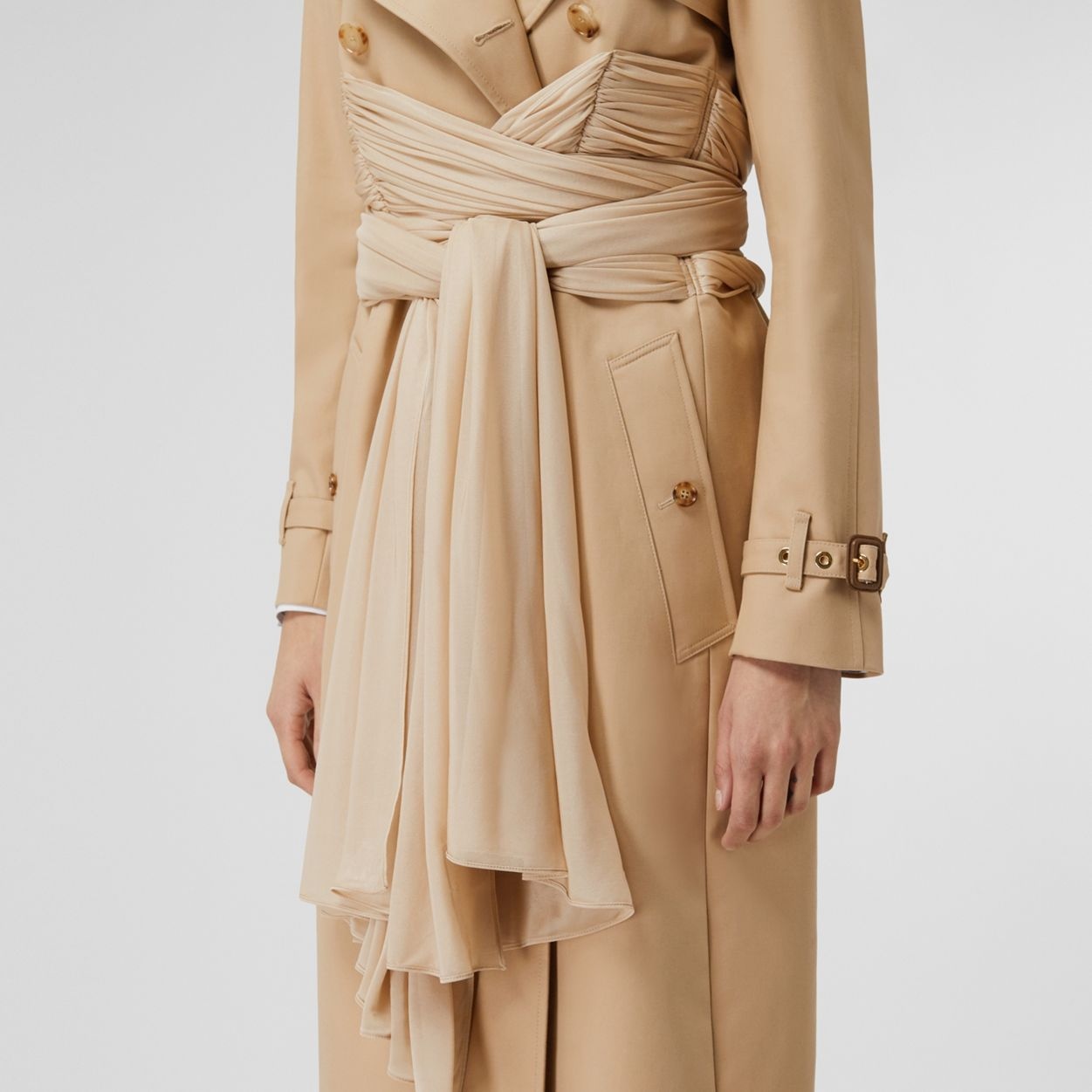 Jersey Sash Detail Cotton Gabardine Trench Coat - 4