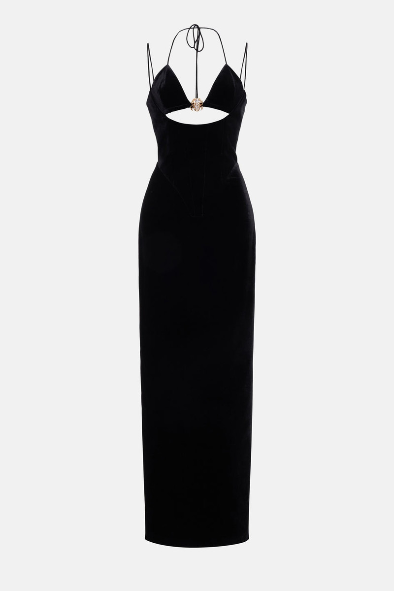 VELVET EVENING SLIP DRESS WITH SPIDER JWL 1