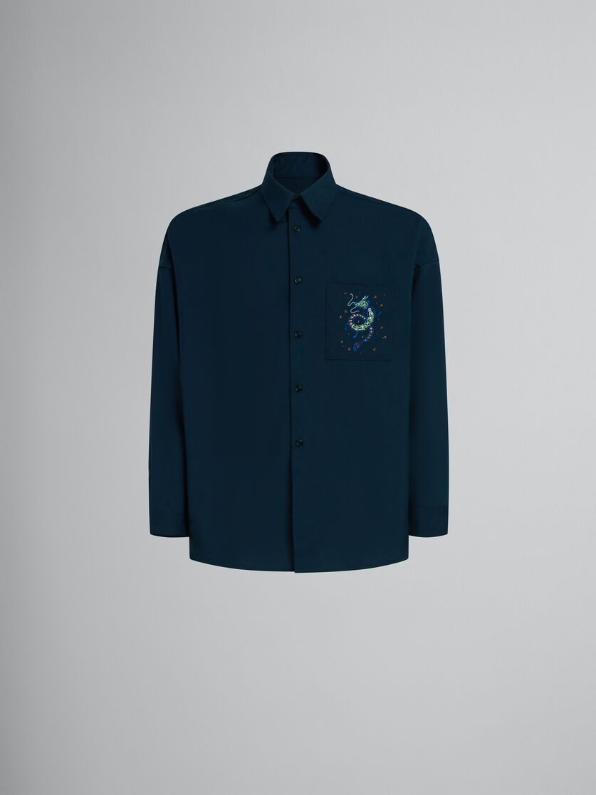 DEEP BLUE WOOL SHIRT WITH EMBROIDERED DRAGON - 1