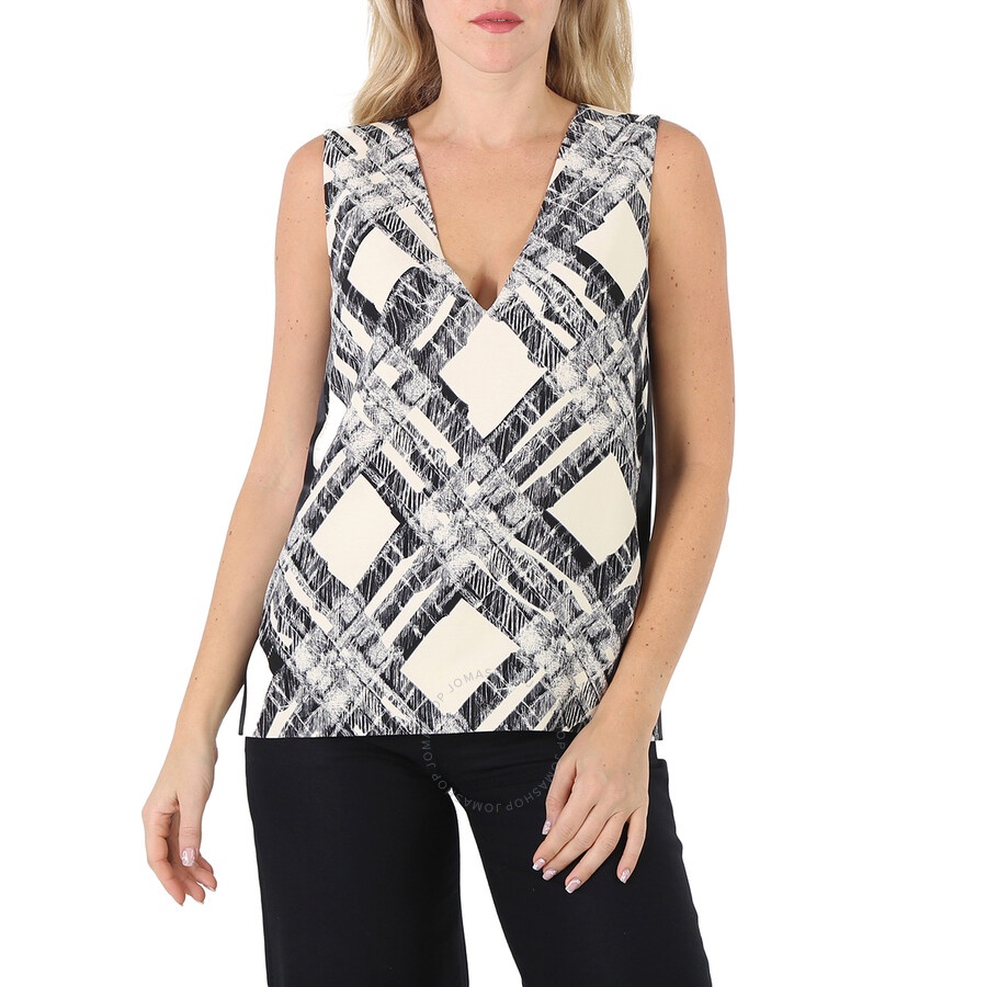 Burberry Ladies Check Print Wool Silk V-back Top - 3