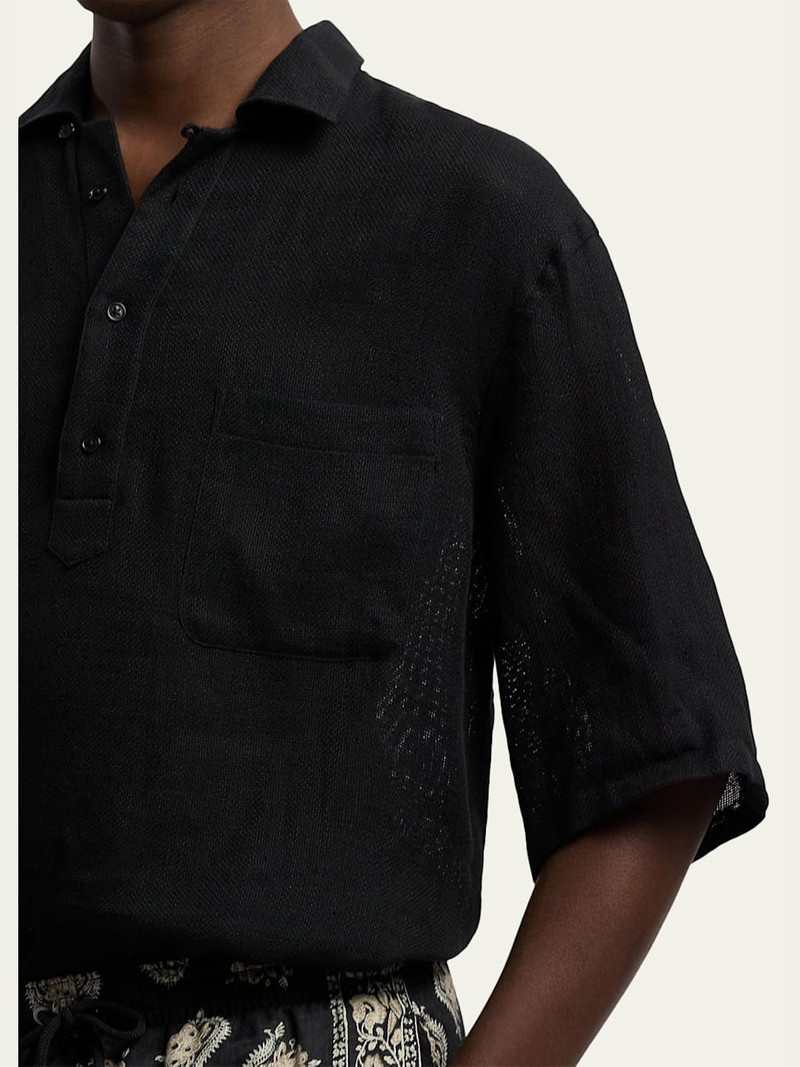 Men's Linen and Silk Relaxed Basketweave Polo Shirt 5