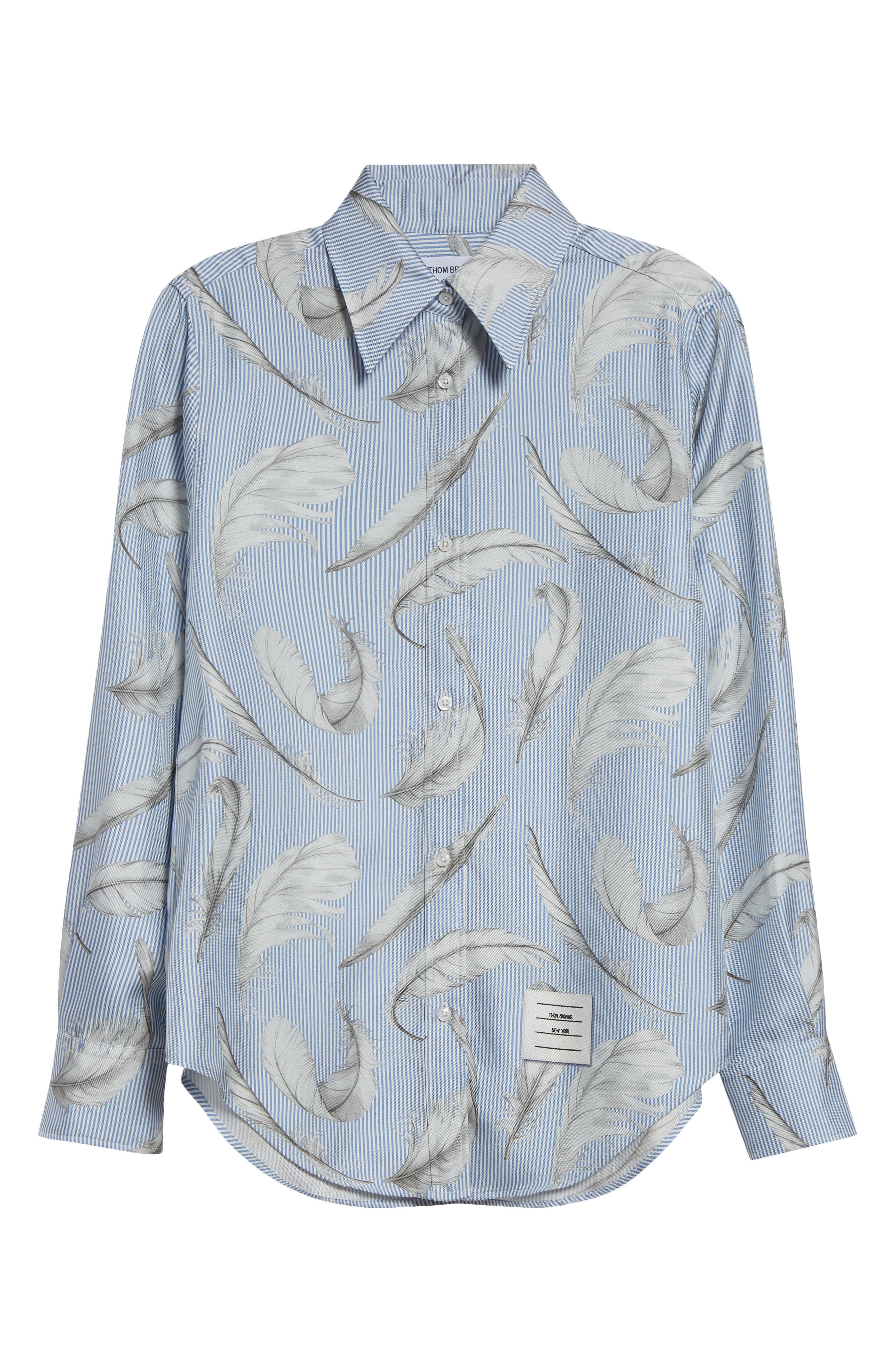 Thom Browne Feather Print Stripe Silk Button-Up Shirt in Light Blue at Nordstrom - 6