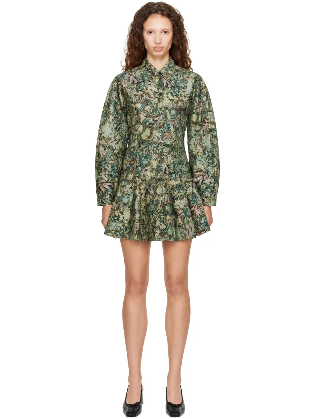 Green Tapestry Floral Minidress - 1