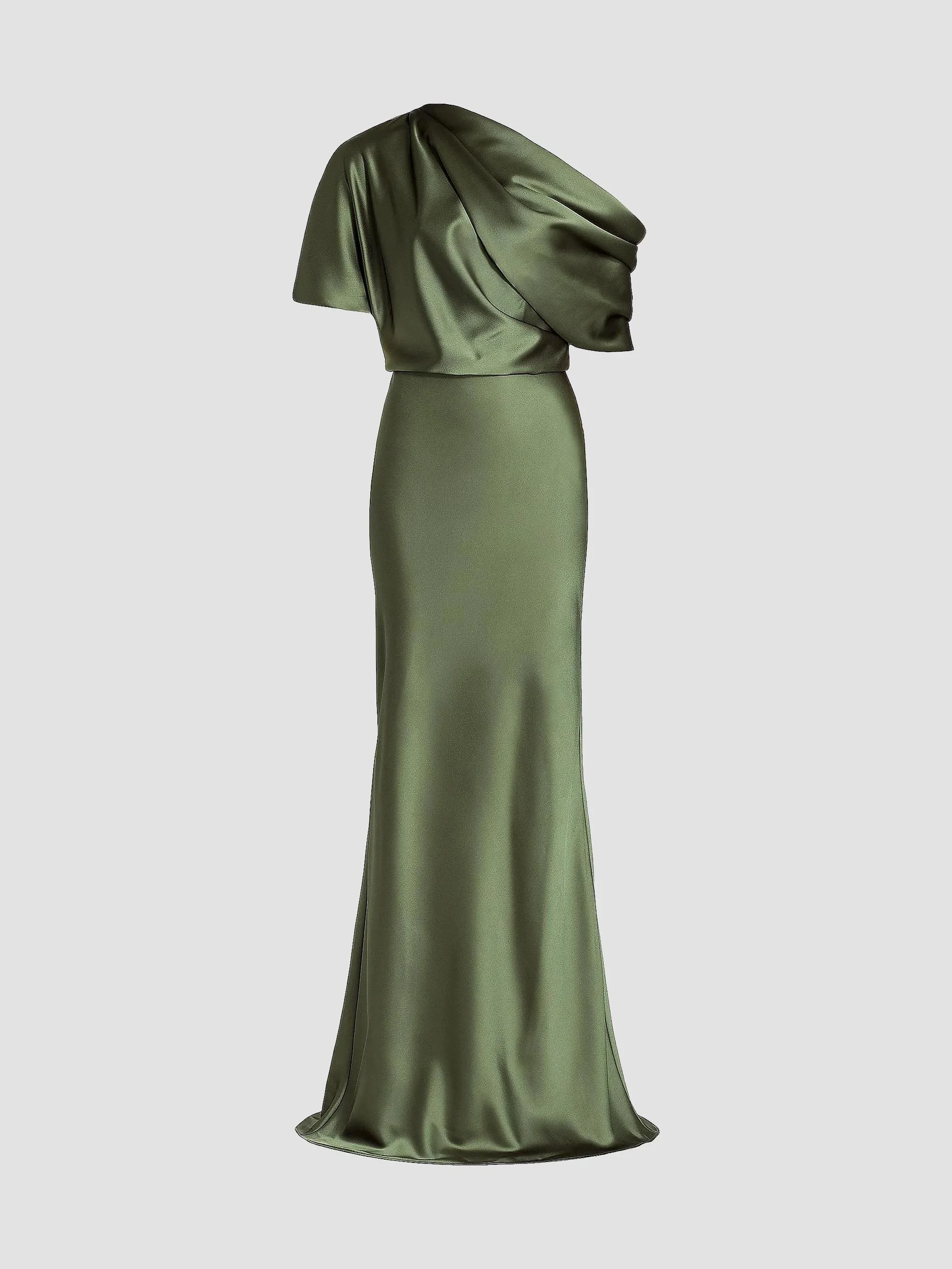 Women's Satin One-Shoulder Gown - Olive - 1