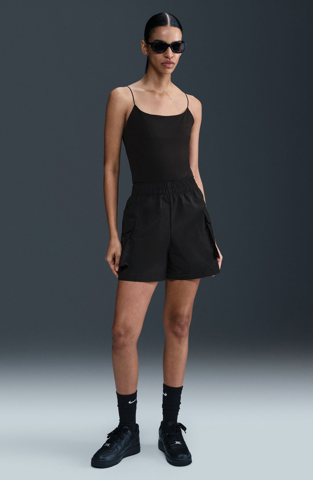Nike Sportswear Essential Woven High Waist 5-Inch Cargo Shorts in Black/White at Nordstrom - 7