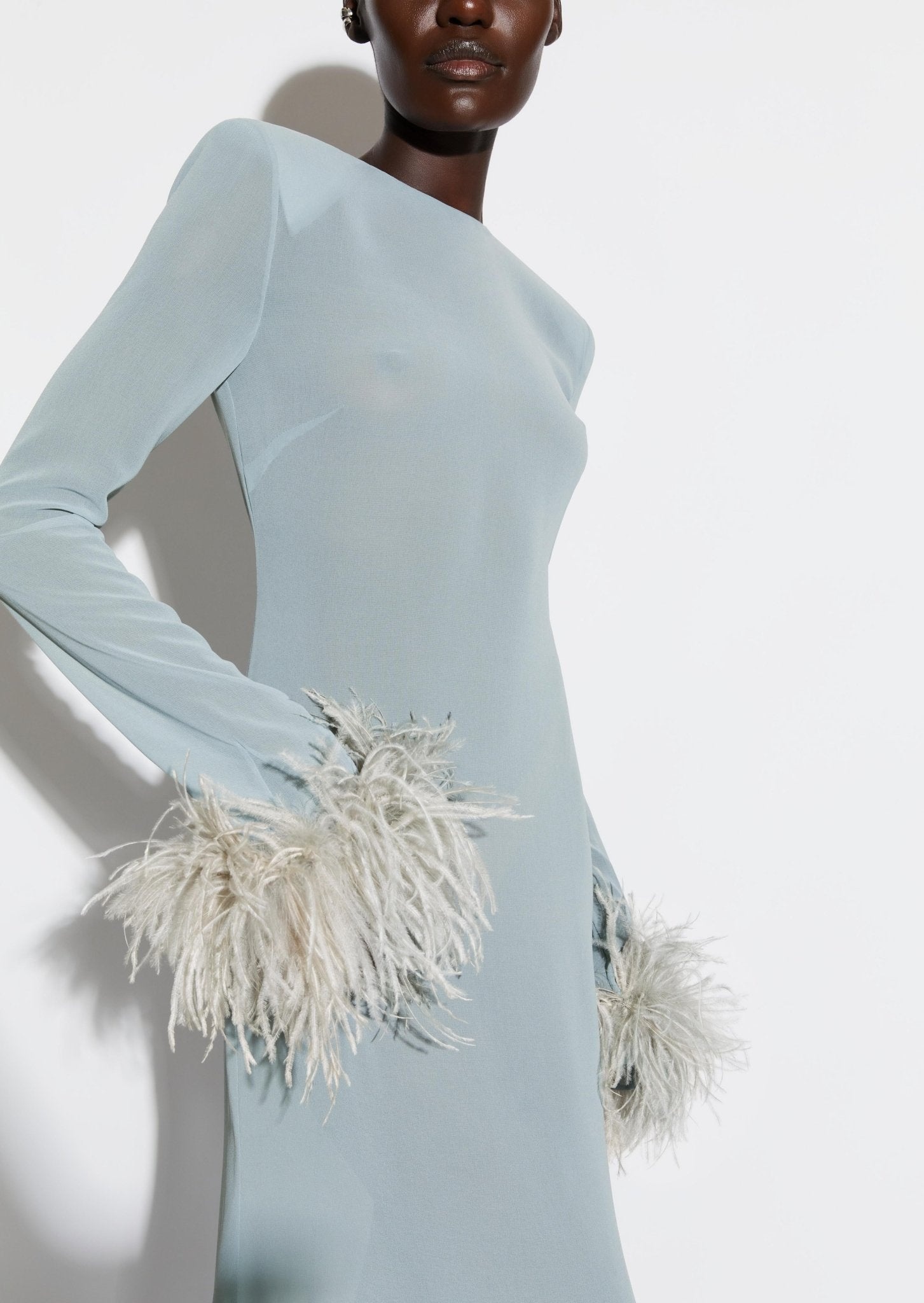 Georgette Flare Sleeve Dress With Feathers - 4