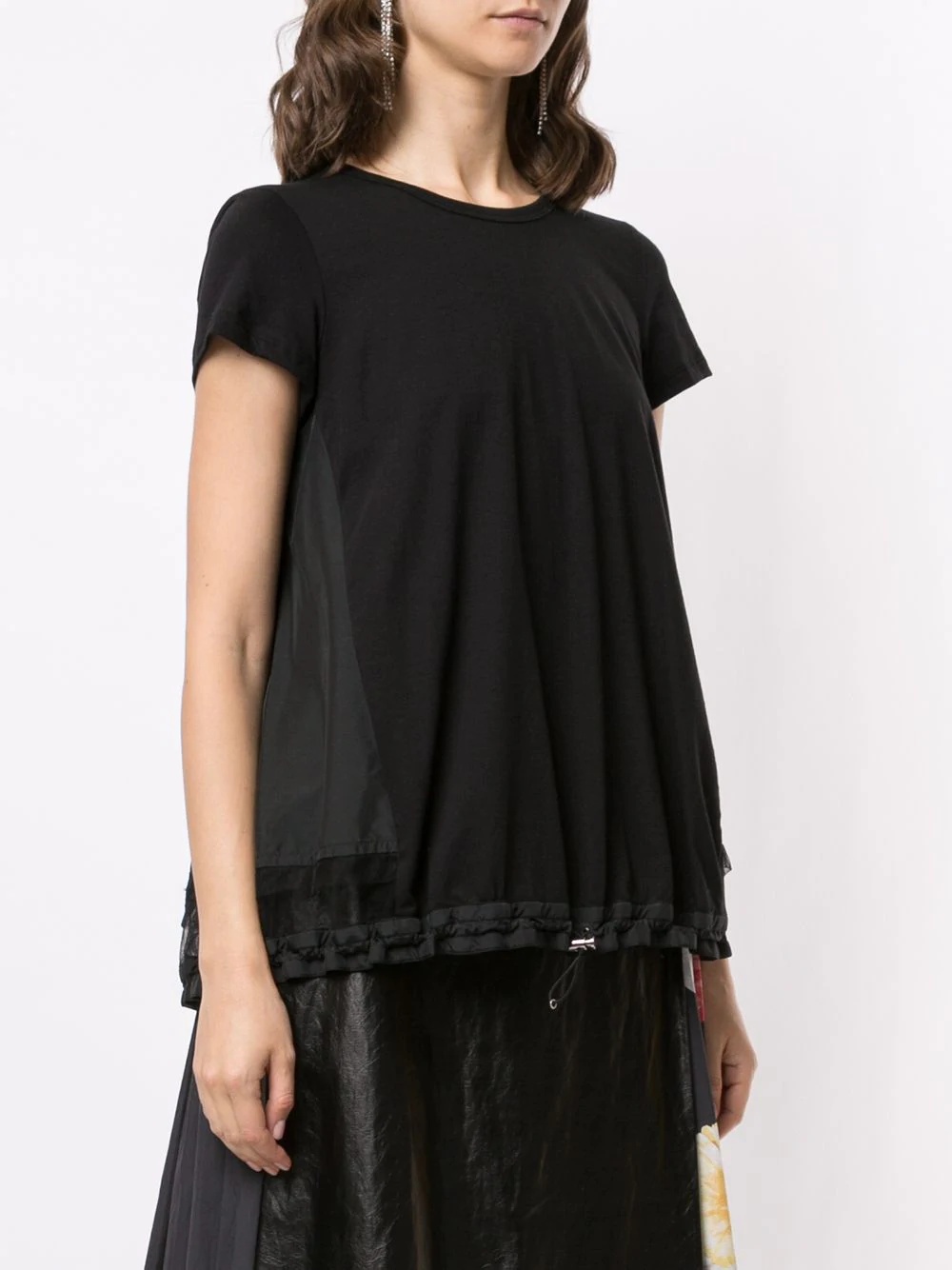 lace-panel drawstring-hem T-shirt - 3