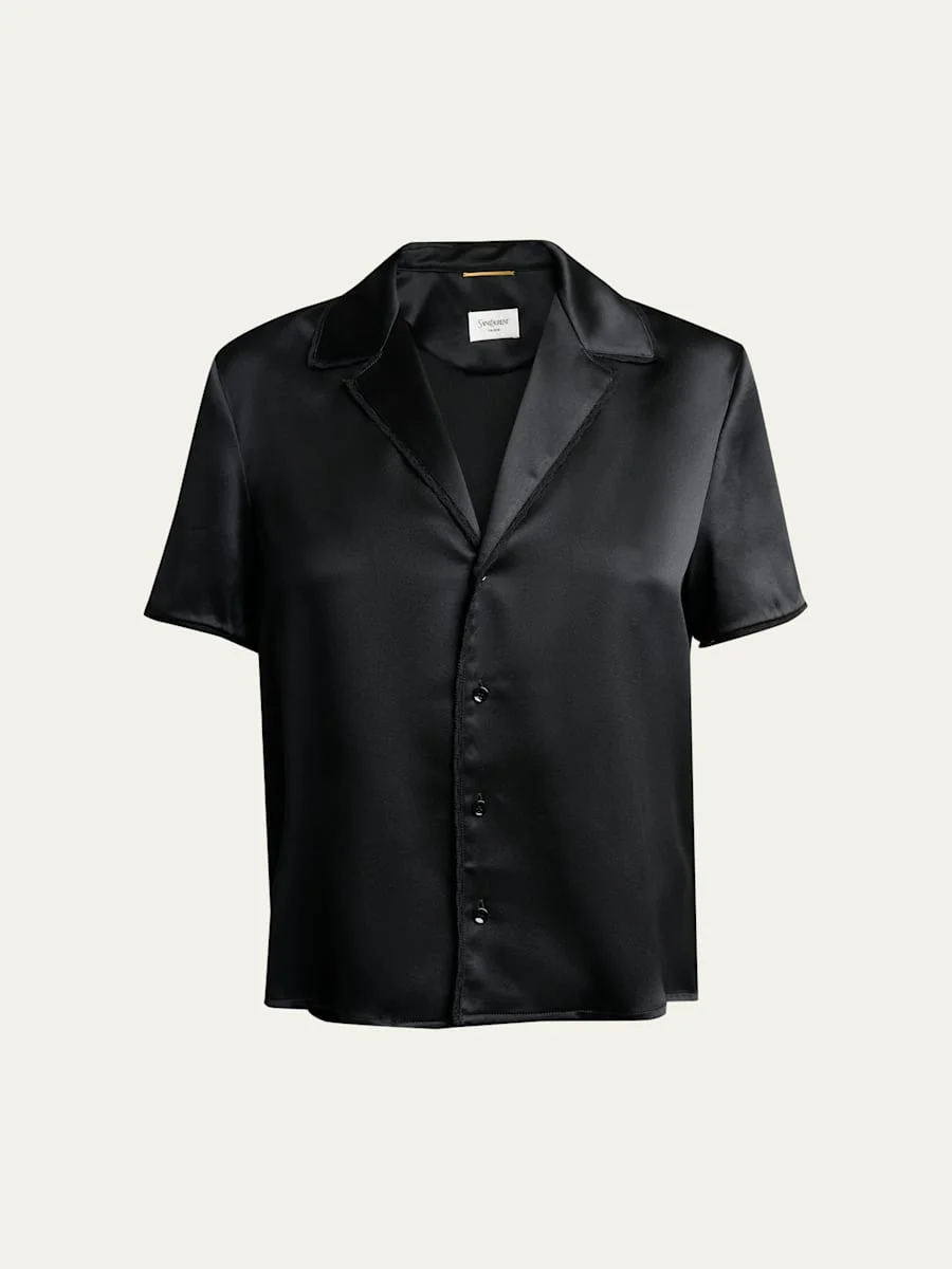 Lace-Trim Short-Sleeve Silk Pajama Shirt - 1