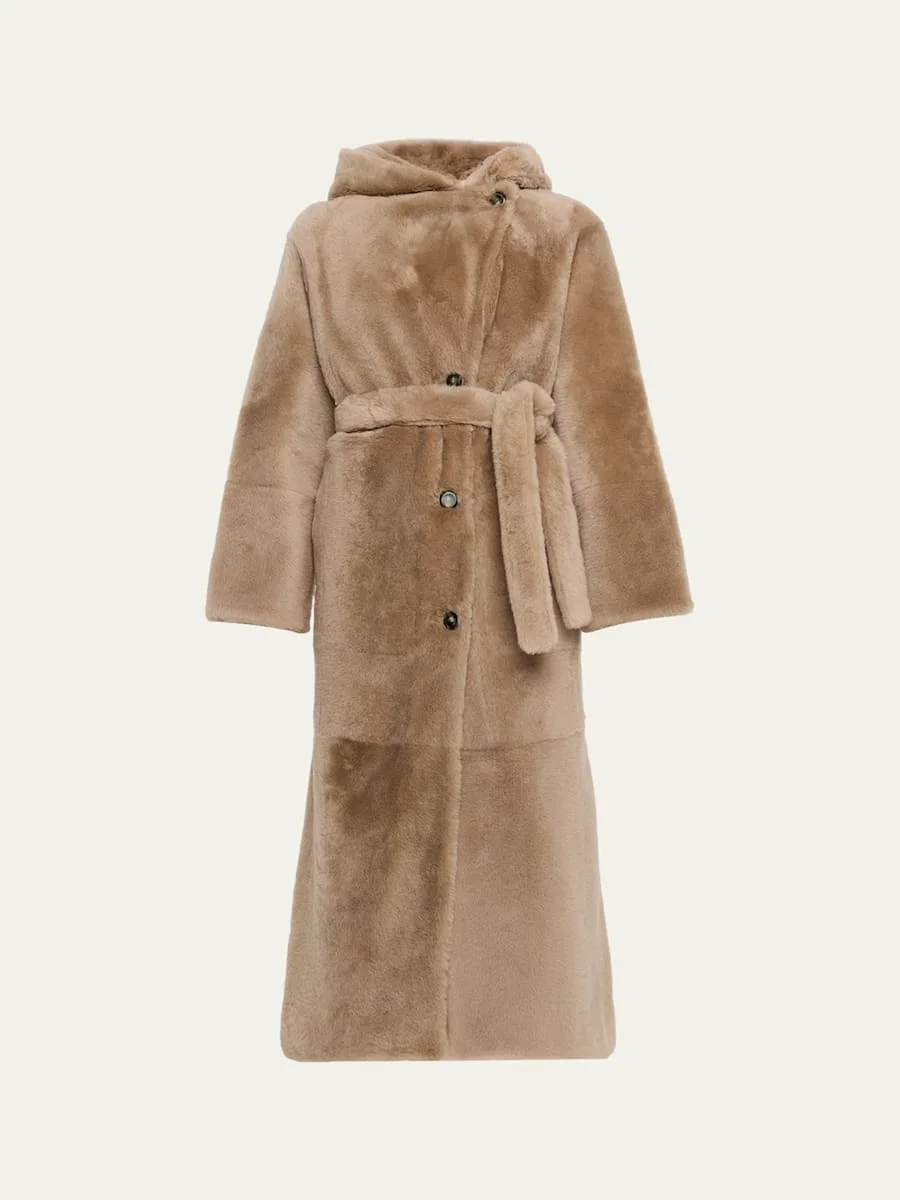 Long Hooded Lamb Shearling Coat - 1