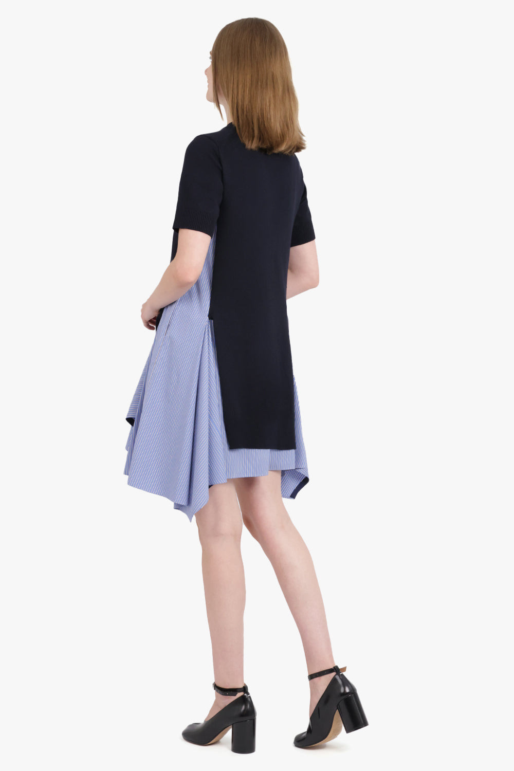 S/S KNIT X STRIPE SHIRT STYLE MIDI DRESS | NAVY/BLUE - 5