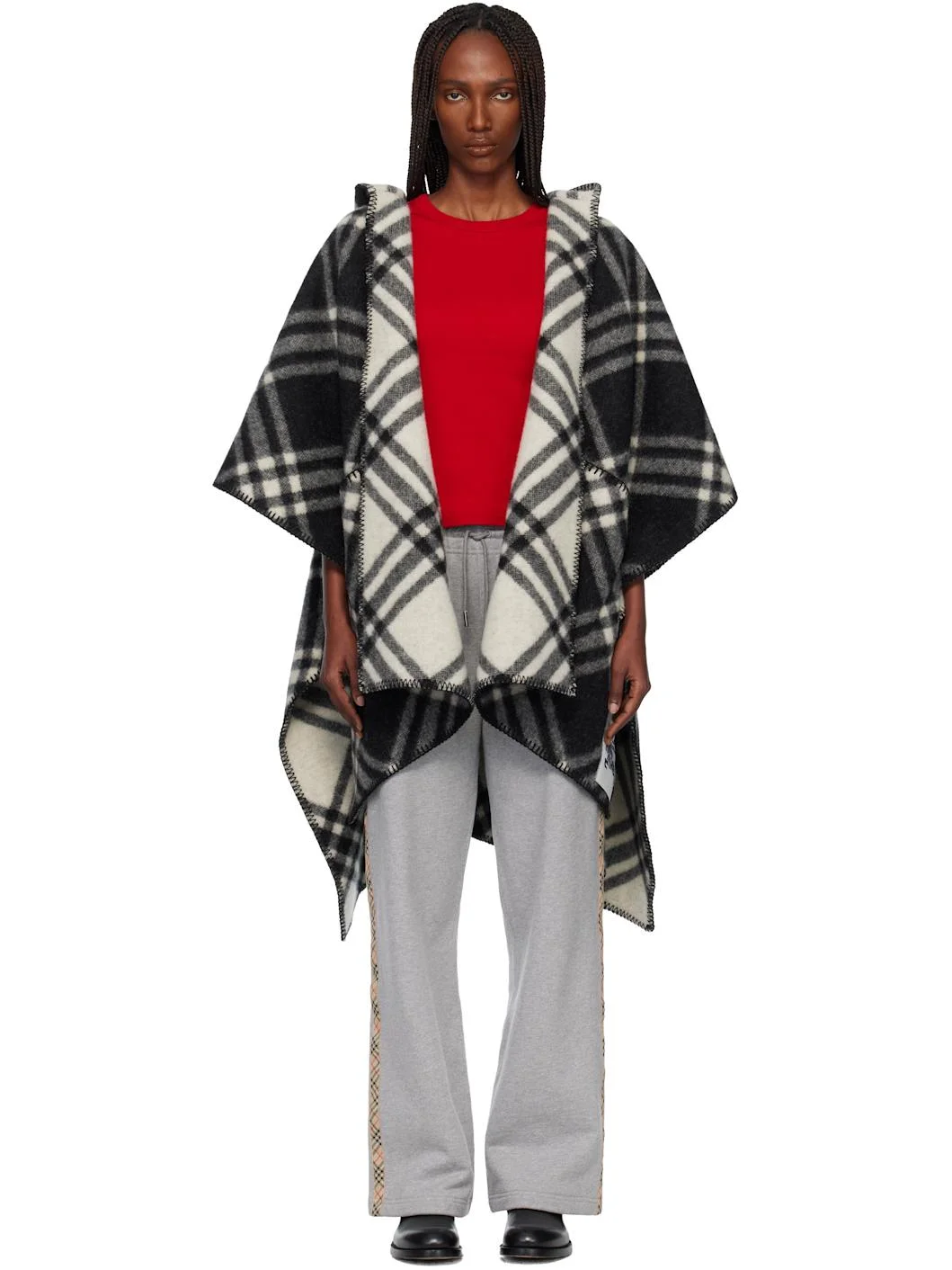 Black Check Wool Reversible Cape - 1