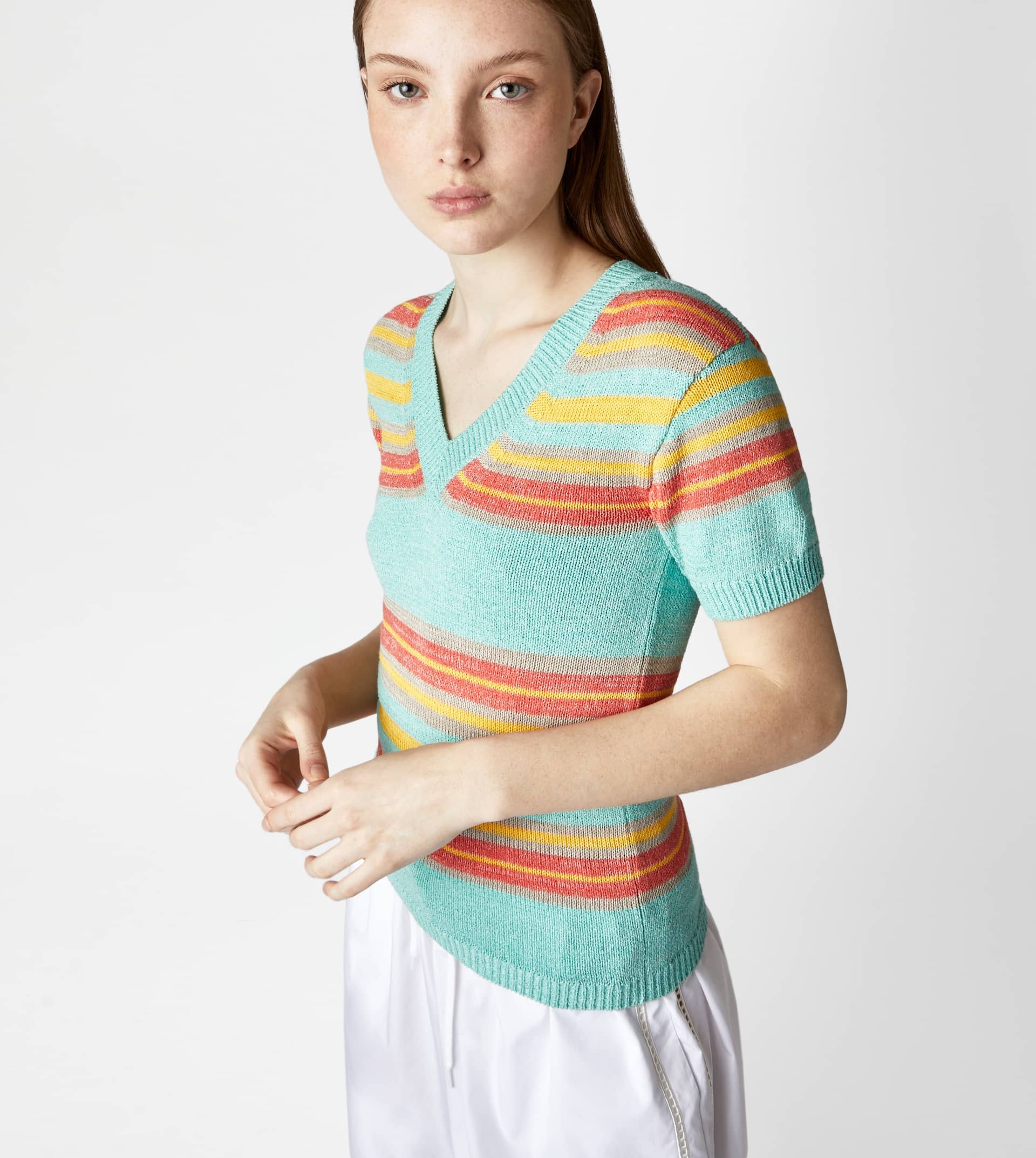 SHORT-SLEEVED LINEN BLEND JUMPER - LIGHT BLUE, YELLOW, ORANGE - 5