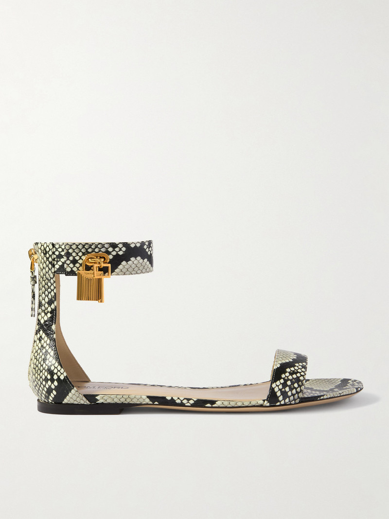 Embellished Snake-effect Leather Sandals 1
