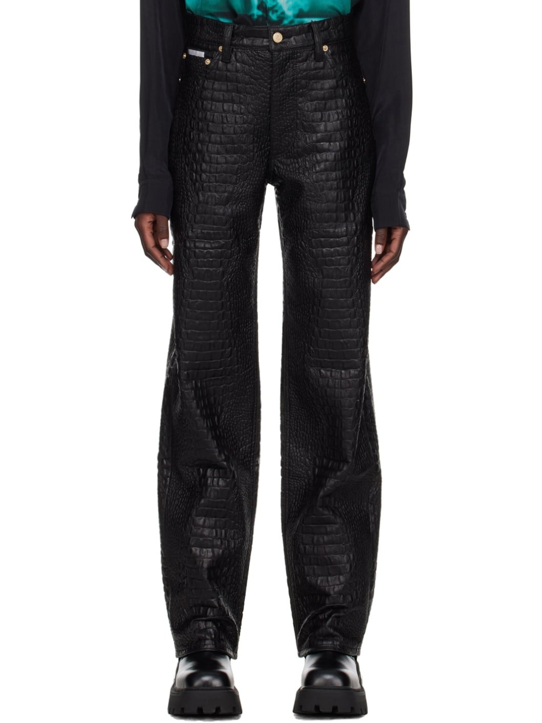 Black Benz Faux-Leather Jeans - 1