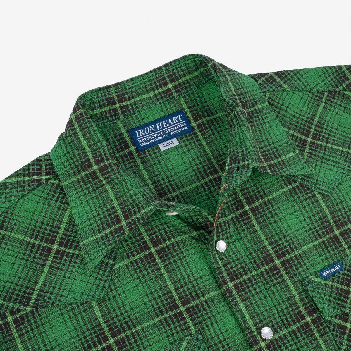 IHSH-386-GRN 5oz Selvedge Short Sleeved Western Shirt - Green Vintage Check - 8
