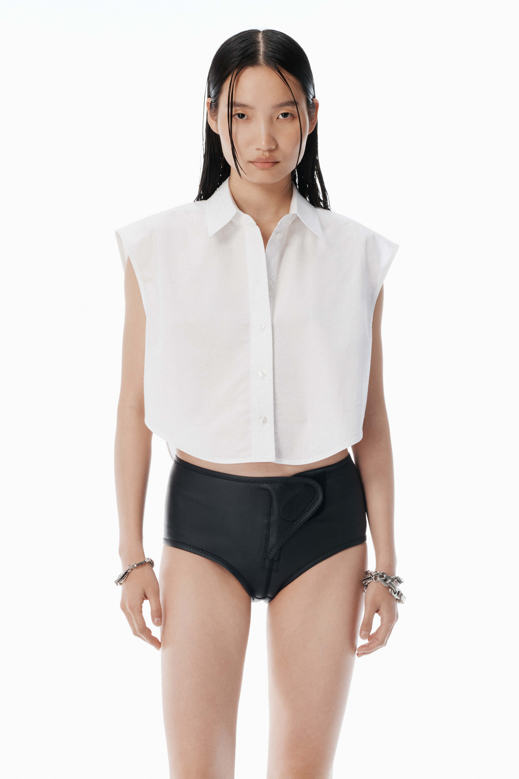 White Crystal Hotfix Cropped Shirt - 2