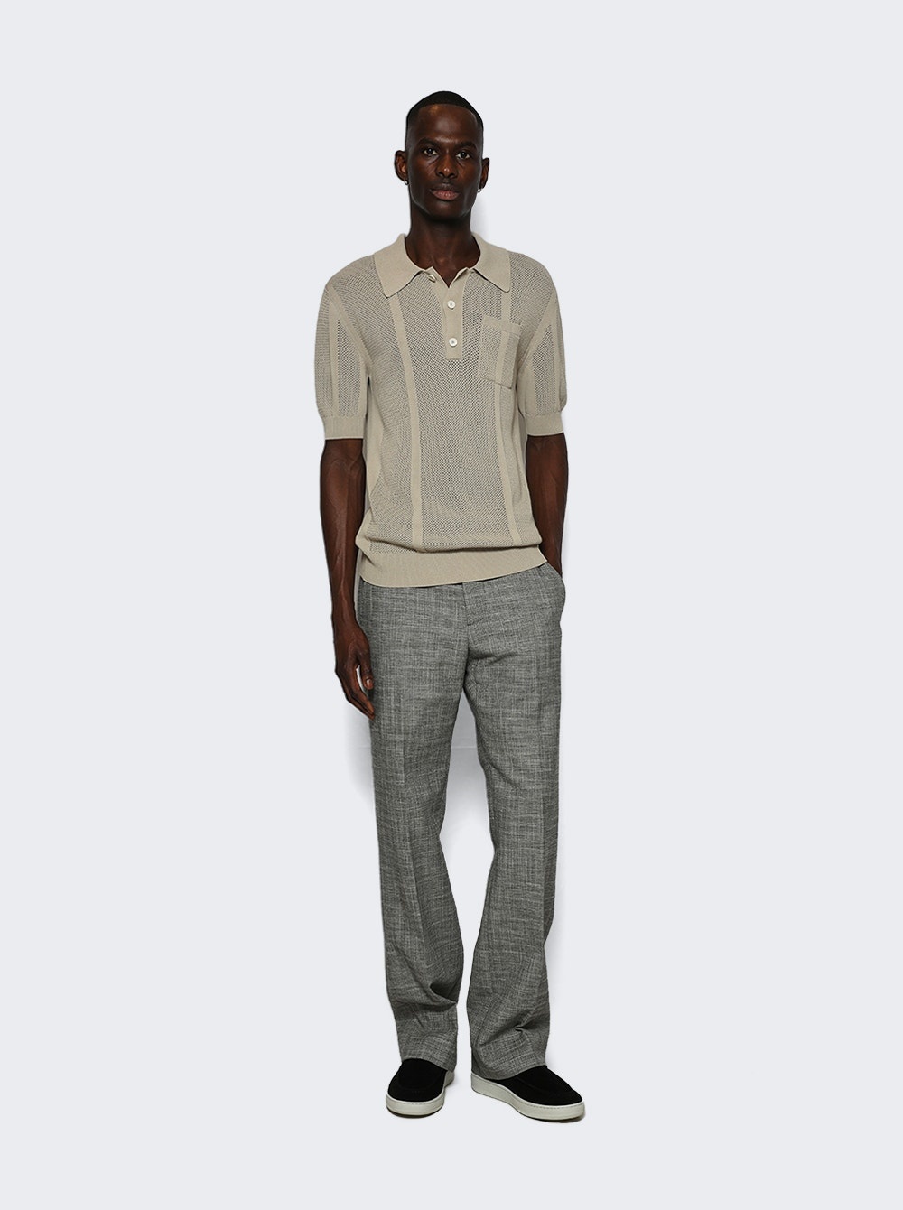 Openwork Knit Polo Shirt Lin Beige - 5