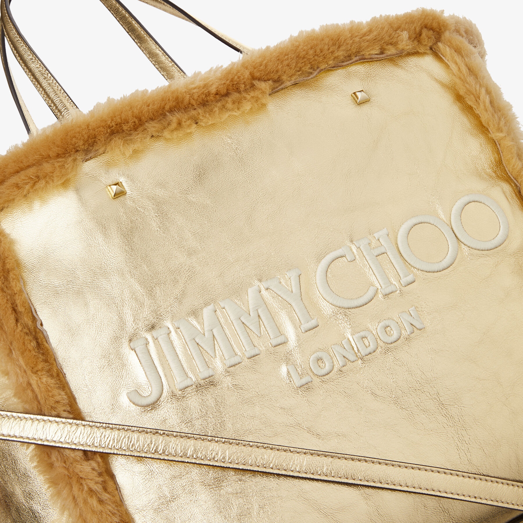 Avenue Tote Bag
Gold Metallic Nappa and Shearling Tote Bag with Jimmy Choo Embroidery - 3