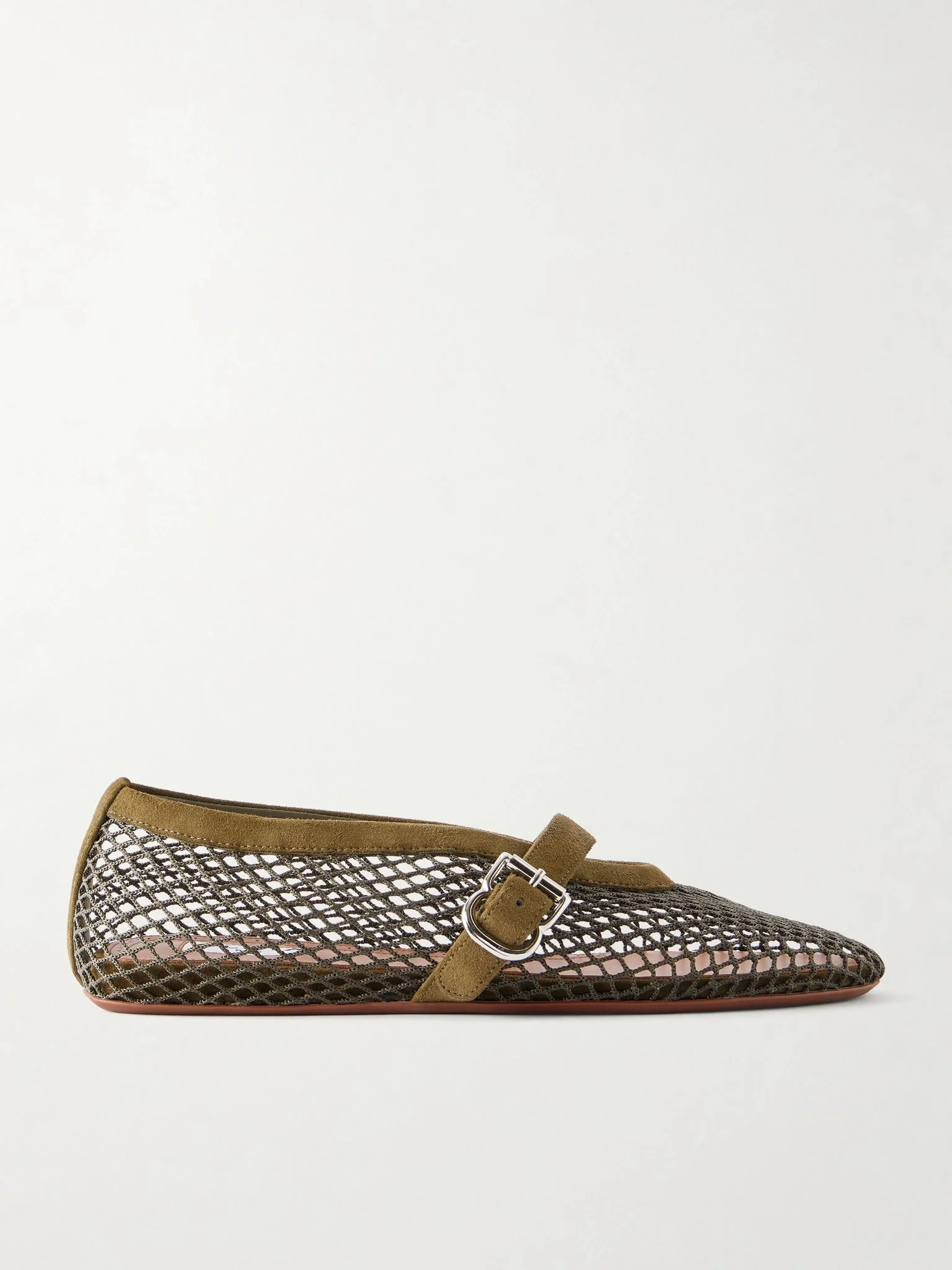 Suede-trimmed mesh ballet flats Army green - 1