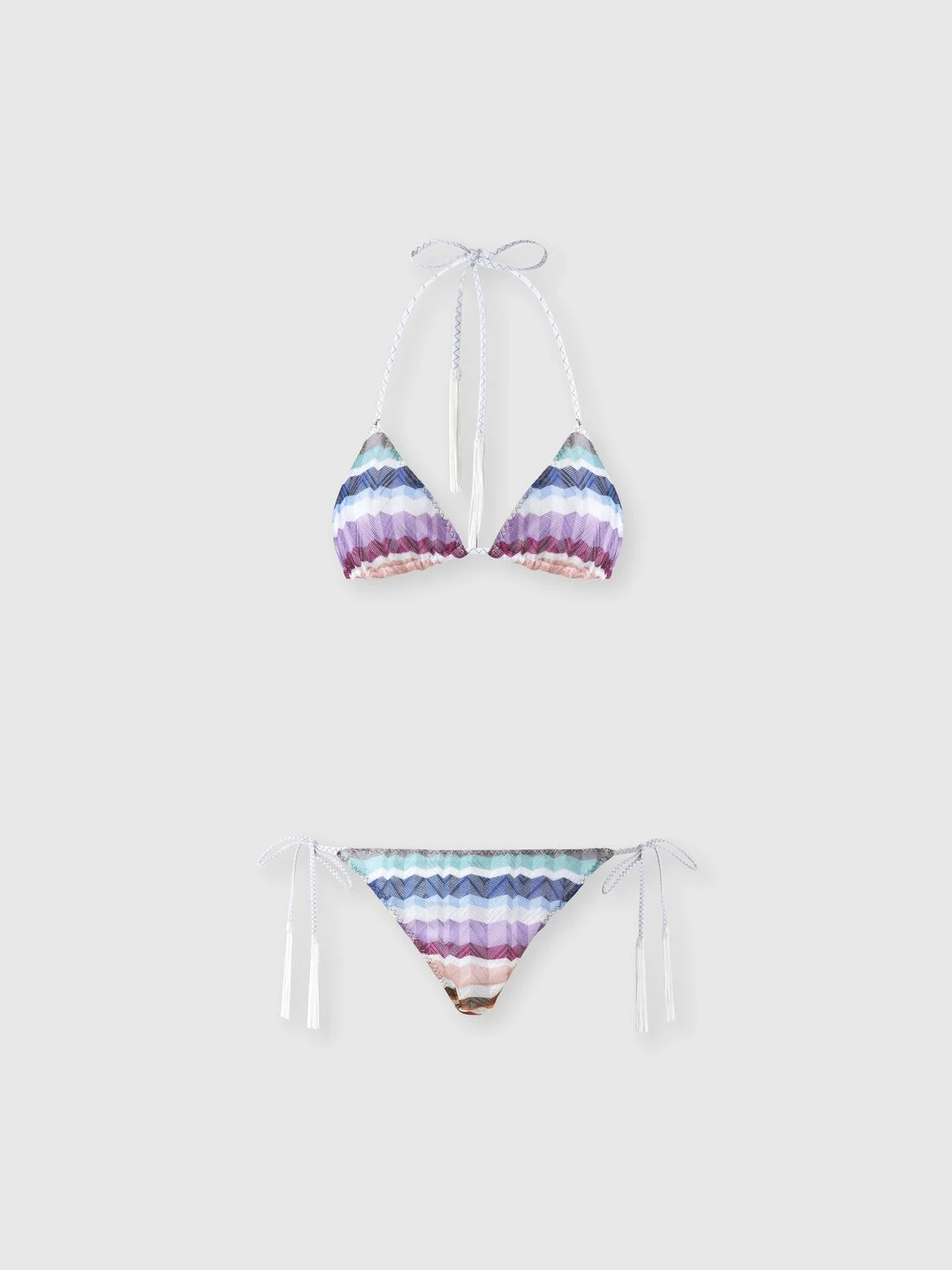 Zig zag tulle triangle bikini with applied tassels - 1
