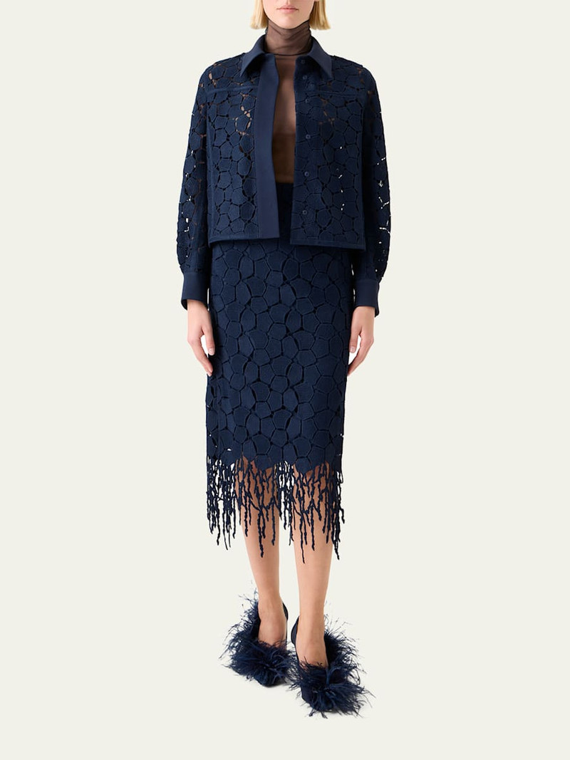 AKRIS Broken Stone Guipure Fringed Midi Pencil Skirt outlook