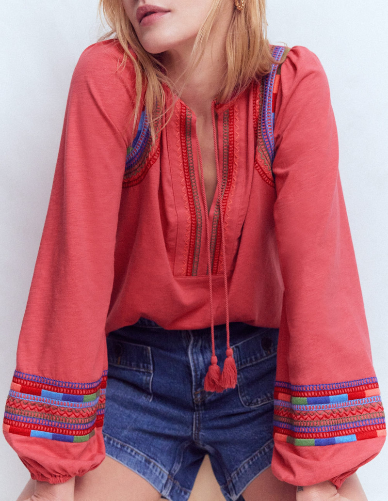 Notch Neck Embroidered Top-Holly Berry 3