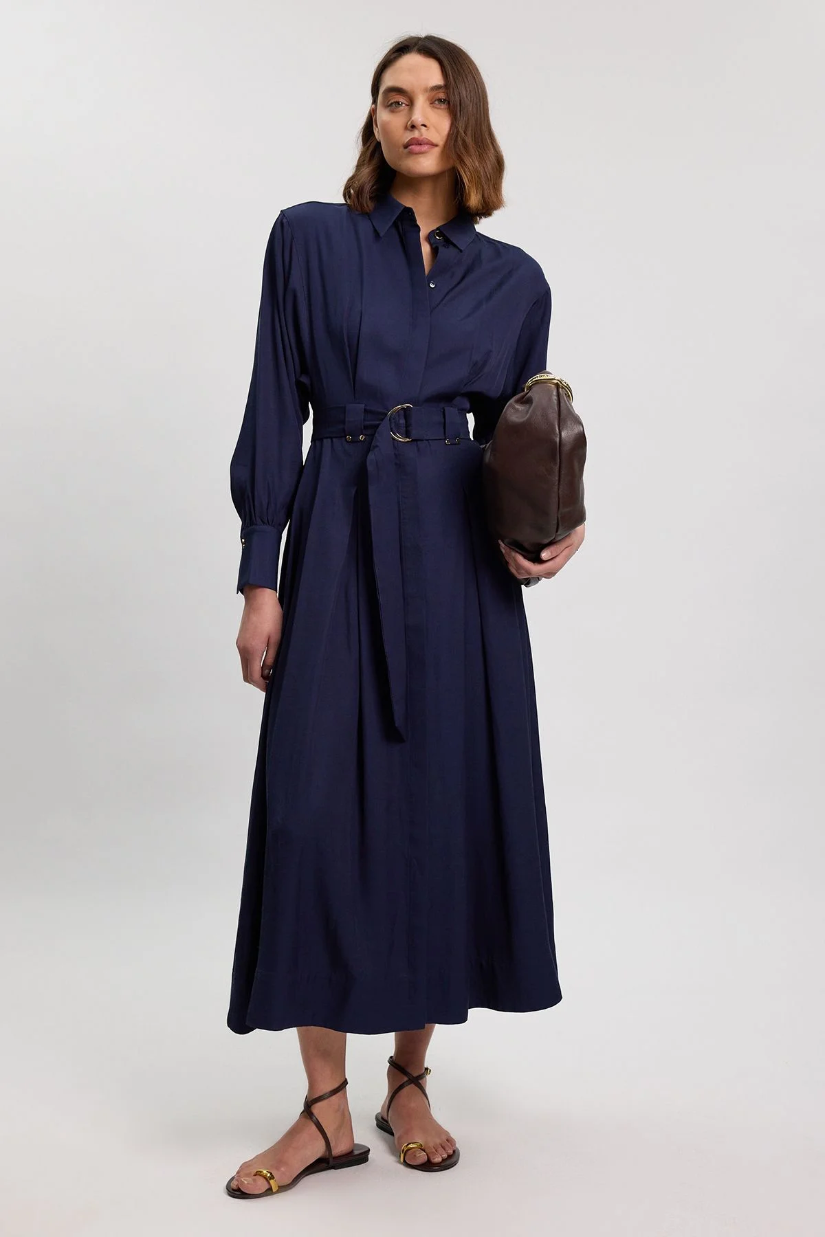 Premium Viscose Linen Woven Shirt Dress With Gold Buckle Belt - 1