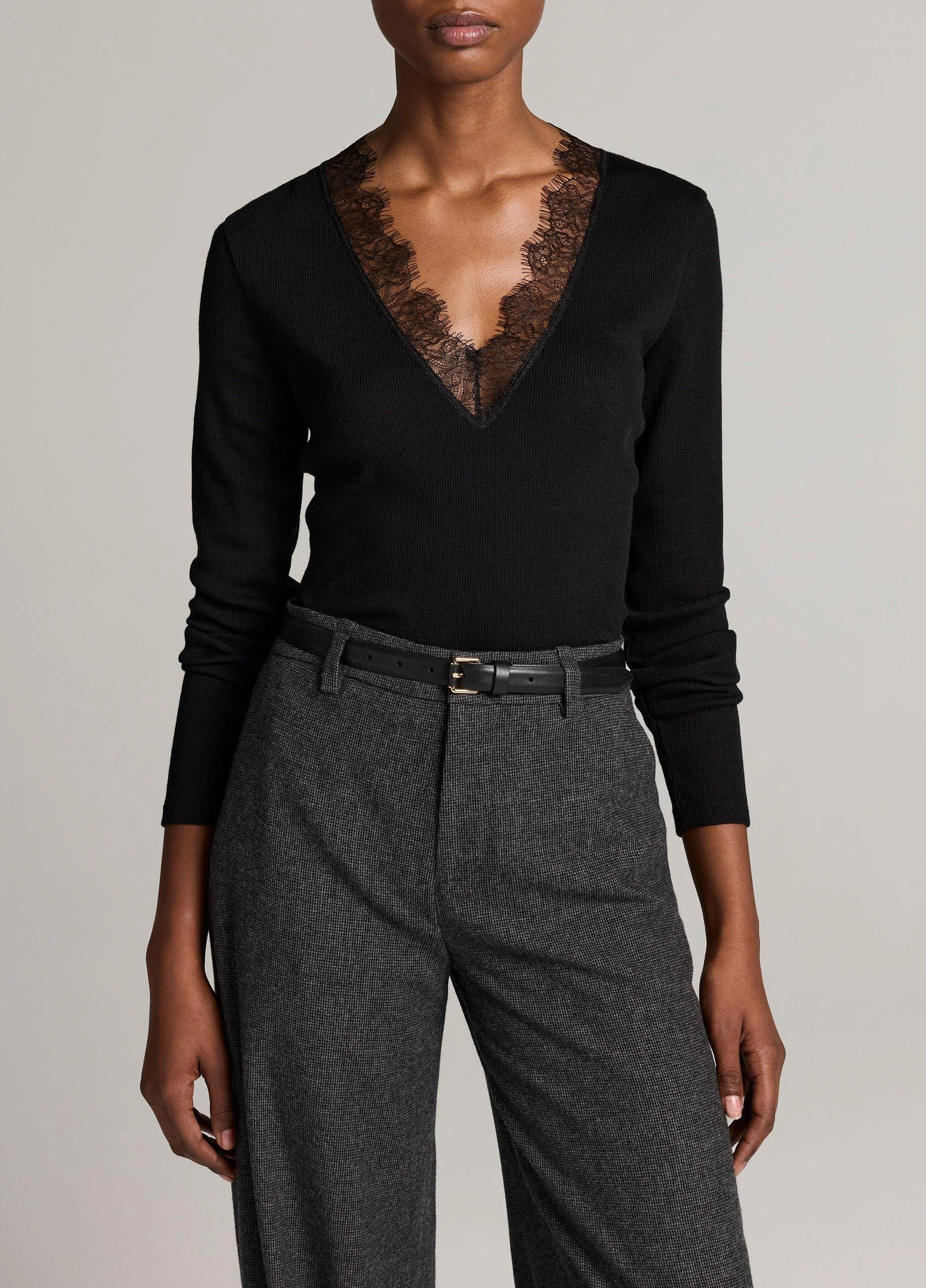 Lace-Trim Ribbed Long-Sleeve V-Neck Top - 1