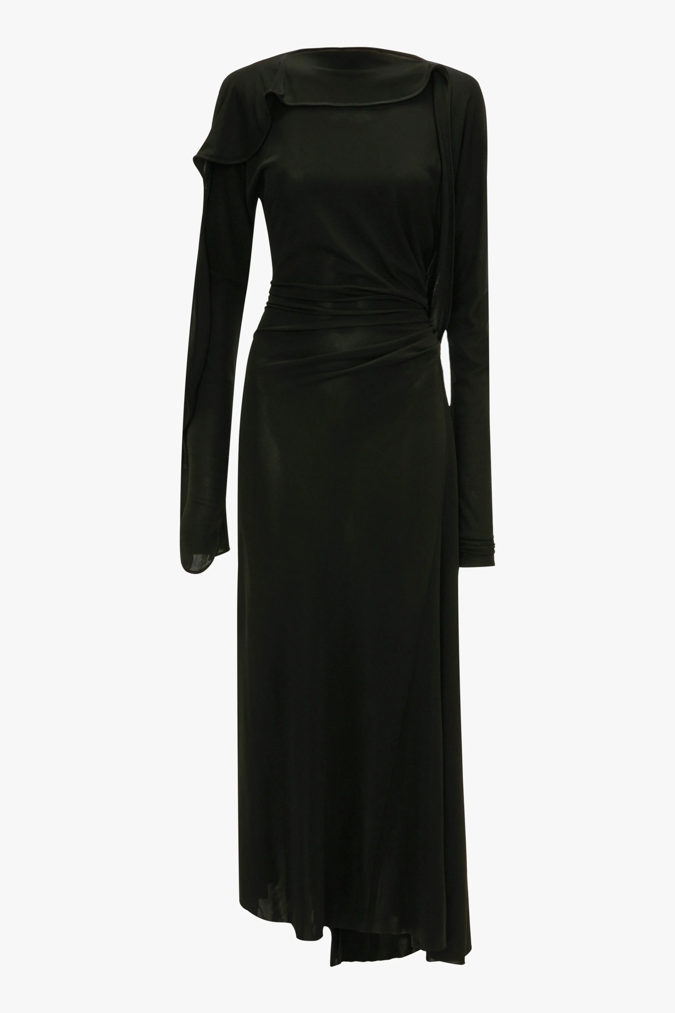Long Sleeve Draped Jersey Midi Dress In Black - 1