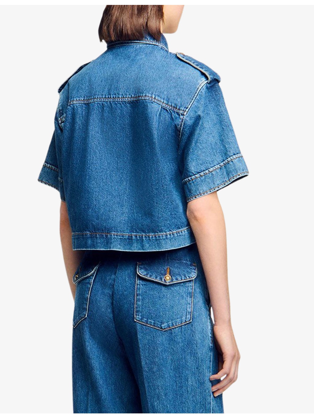 Cropped Chest-Pocket Denim Shirt - 4