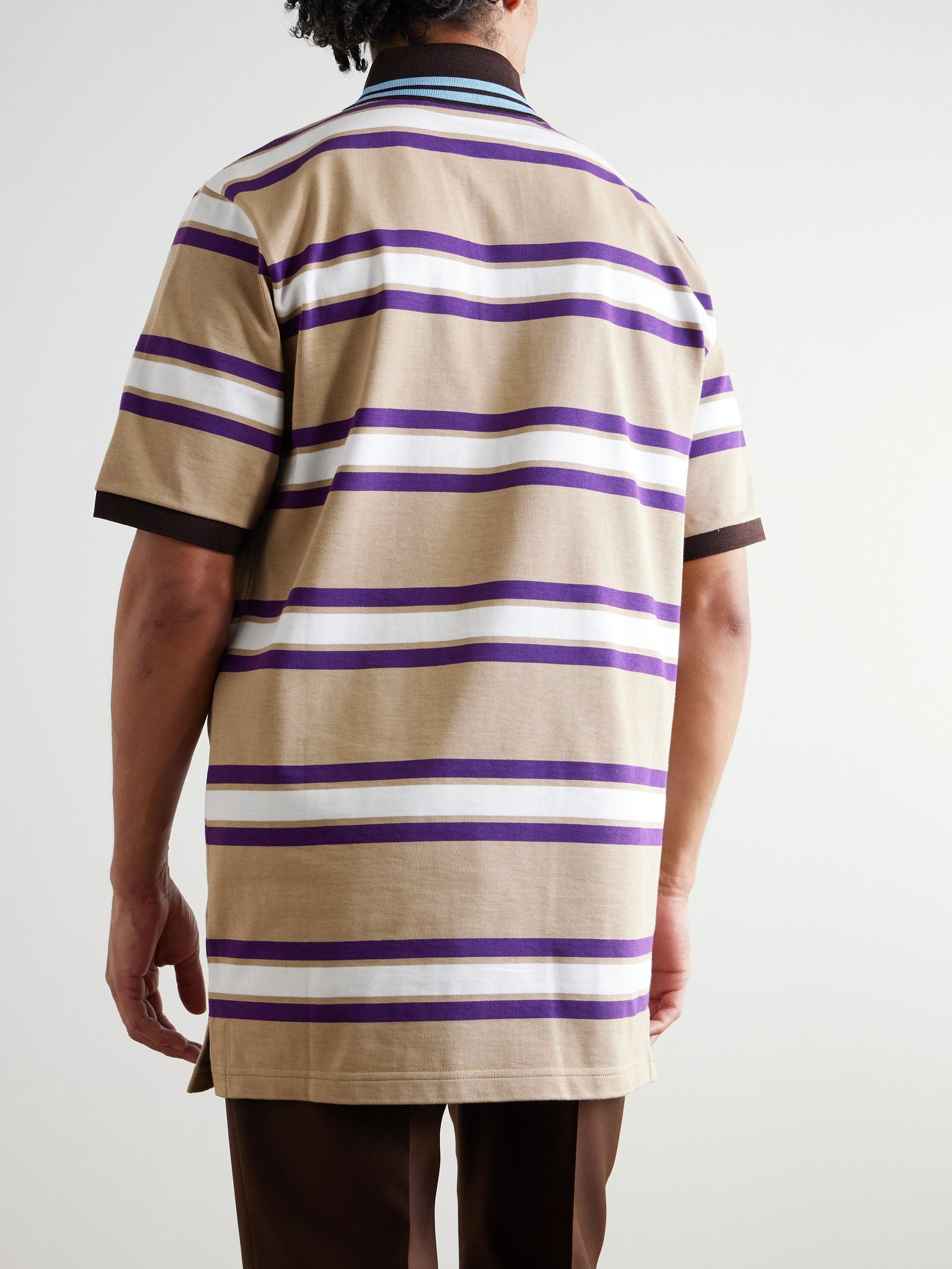 Logo-Embroidered Striped Cotton-Jersey Polo Shirt Beige - 3