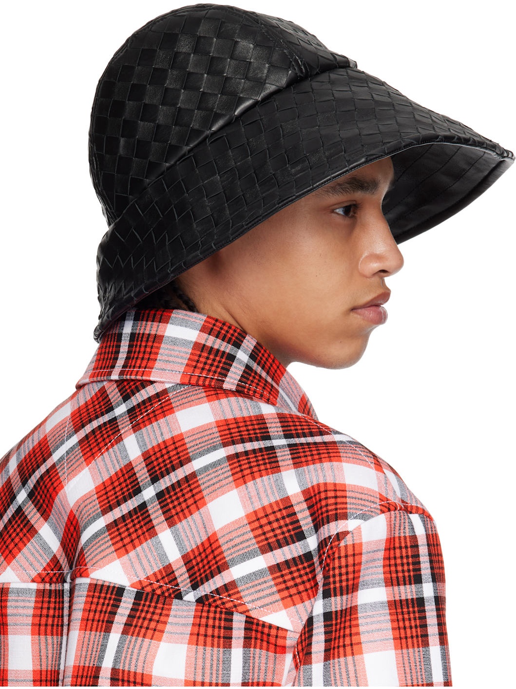 Black Intrecciato Leather Bucket Hat - 3