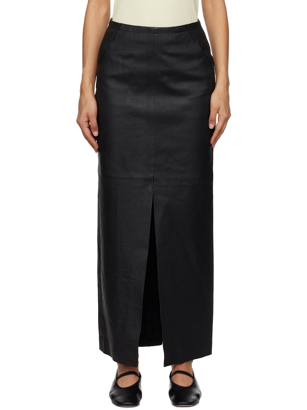 Black High Slit Leather Maxi Skirt - 1