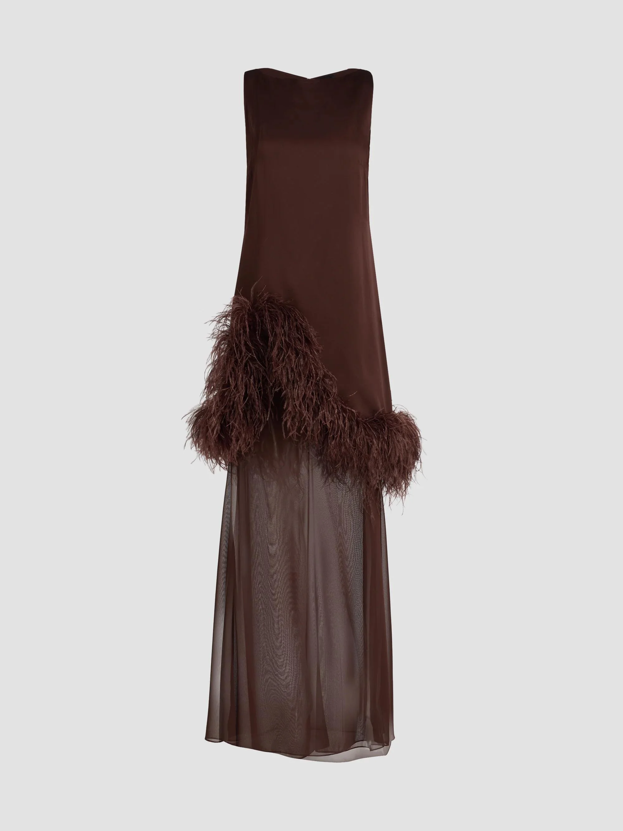 Women's Satin Feather-Trim Sleeveless Shift Dress - Chocolate - 1