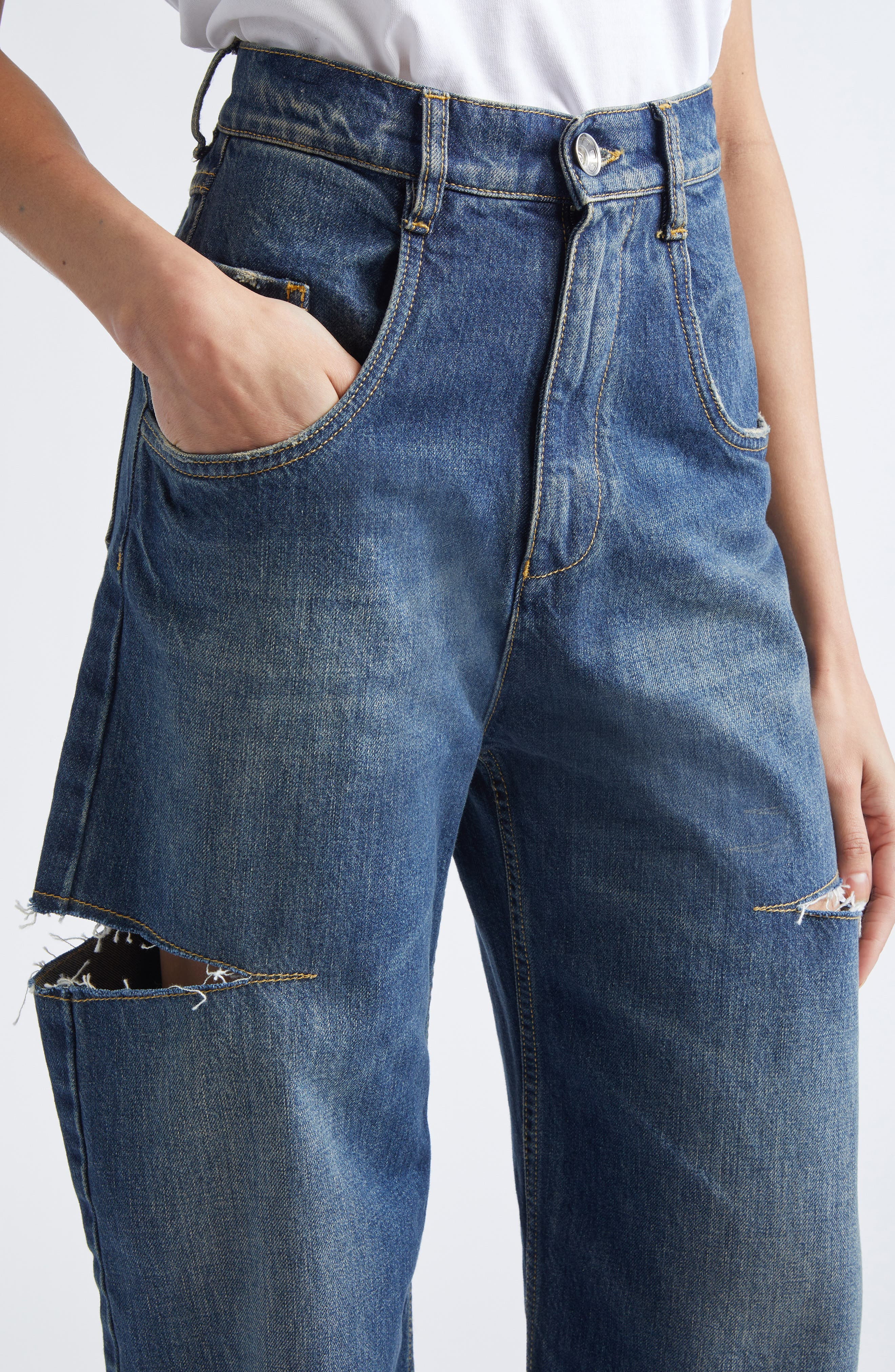 Maison Margiela Ripped Cutout High Waist Straight Leg Jeans in Washed Indigo at Nordstrom - 5