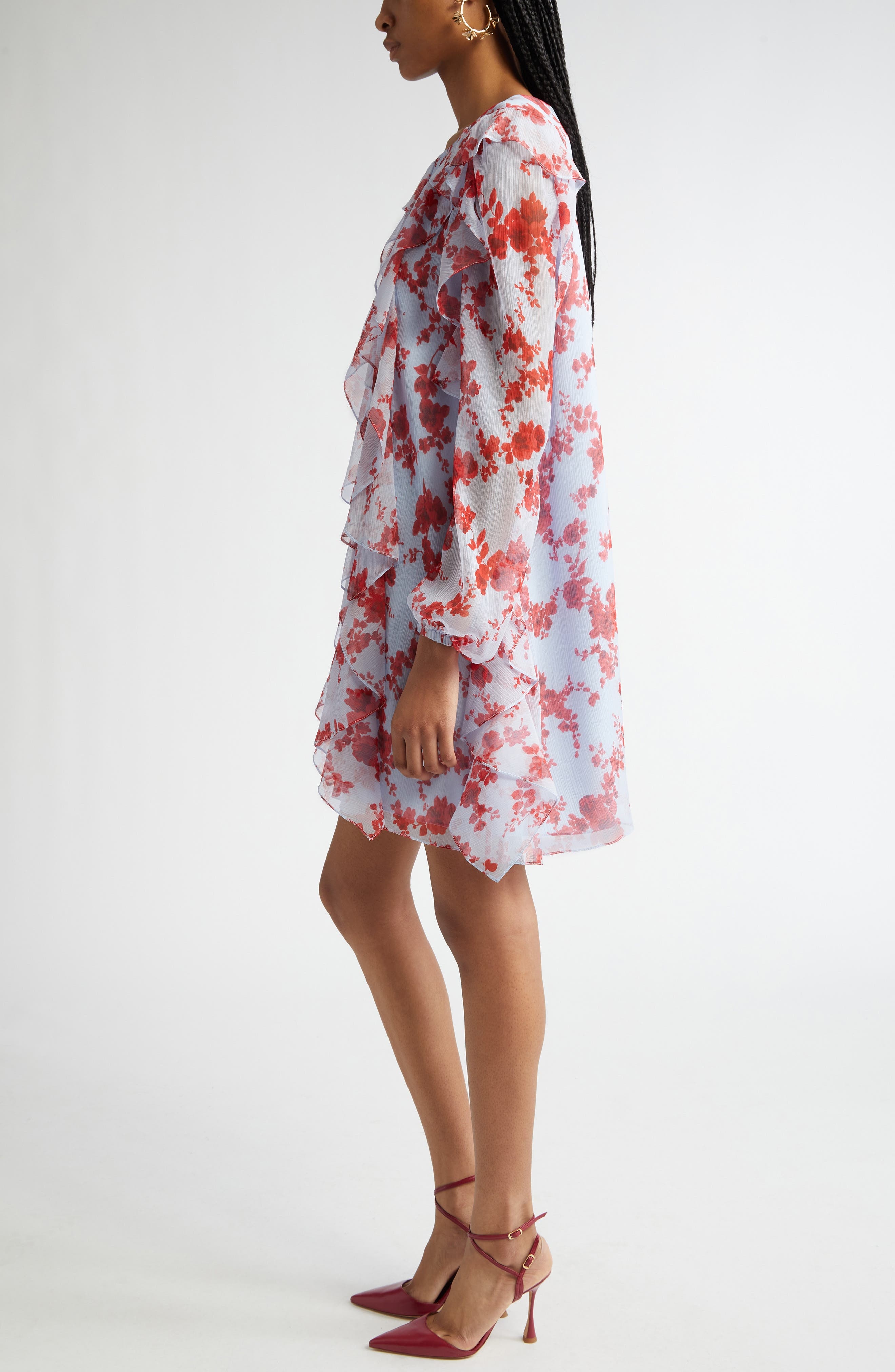 Carolina Herrera Floral Print Long Sleeve Tiered Ruffle Silk Chiffon Minidress in Celeste Multi at N - 3