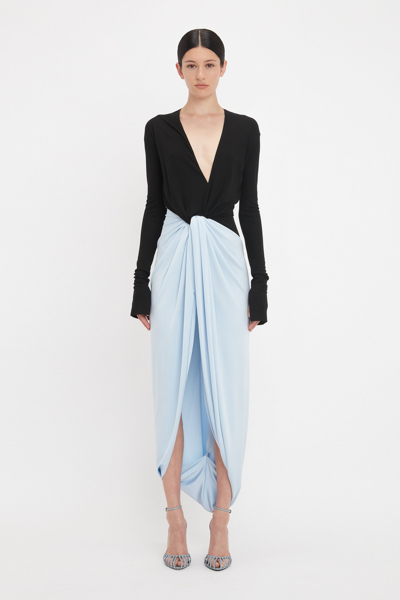 Victoria Beckham Long Sleeve Knot Detail Jersey Gown In Black-Iceberg outlook