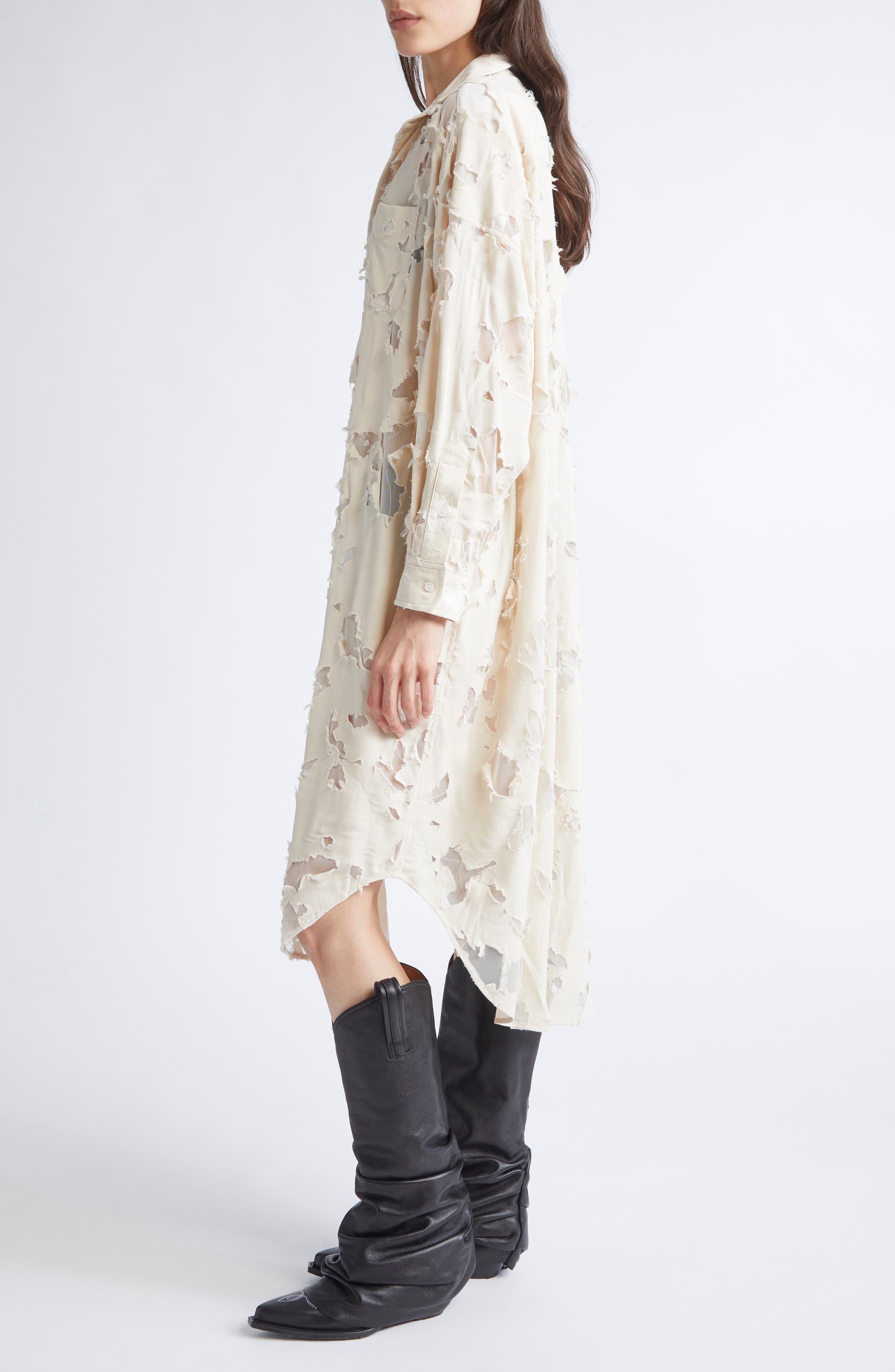 R13 Long Sleeve Burnout Jumbo Shirtdress in Ivory at Nordstrom - 3