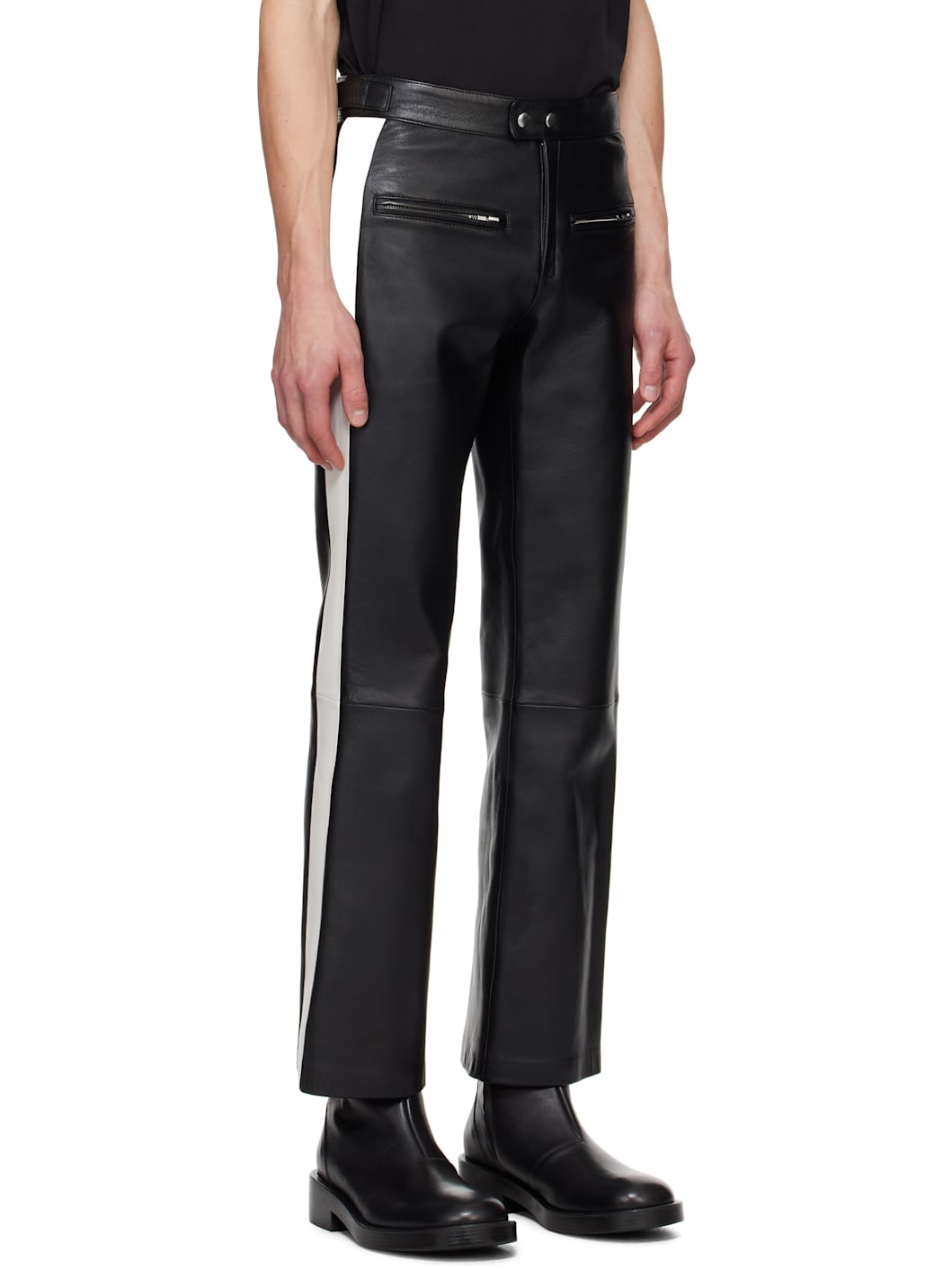 Black & White Contrast Band Biker Leather Pants - 2