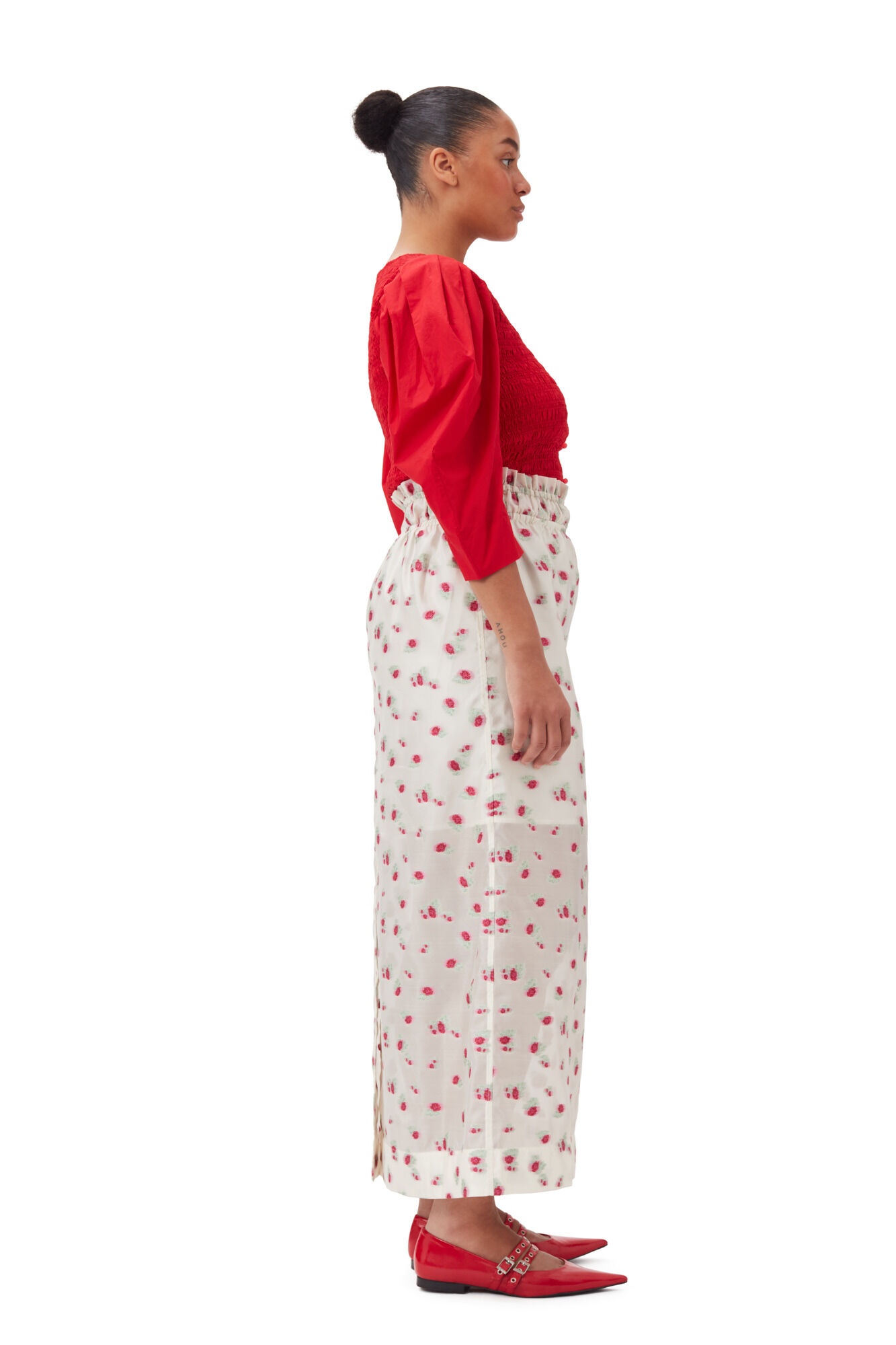 GANNI FLORAL ORGANZA JACQUARD LONG ELASTICATED SKIRT