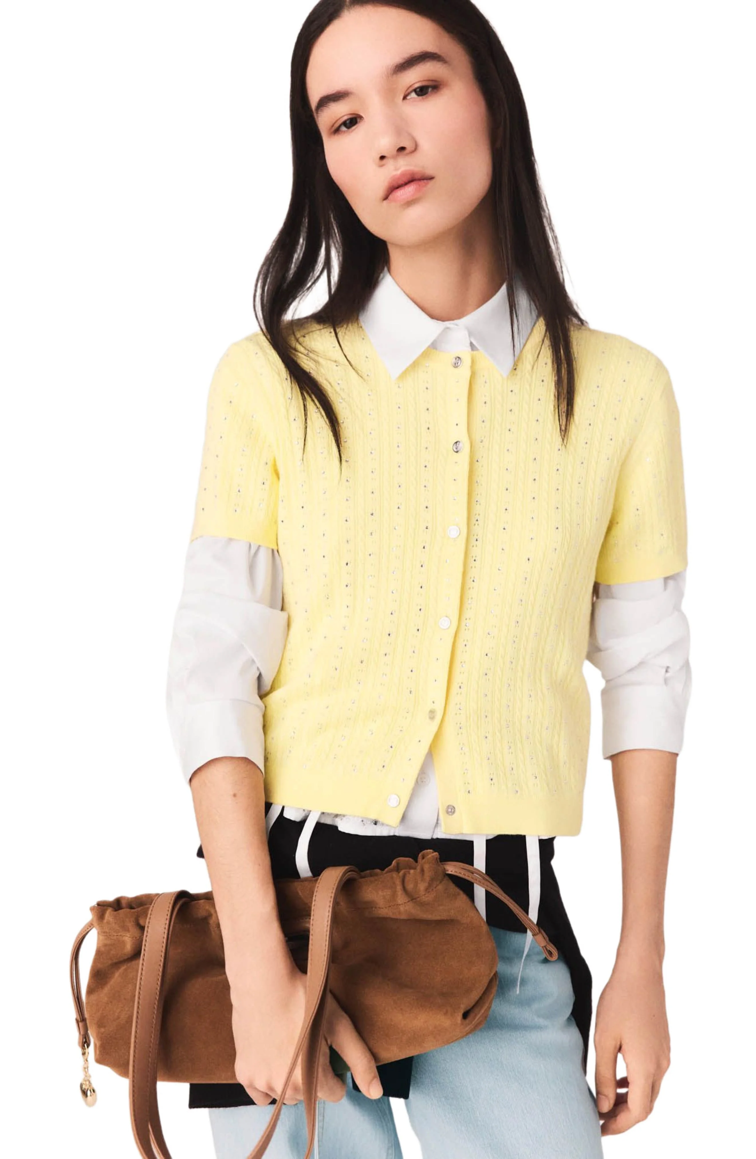 maje Cardigan with rhinestone neck in Yellow at Nordstrom - 1