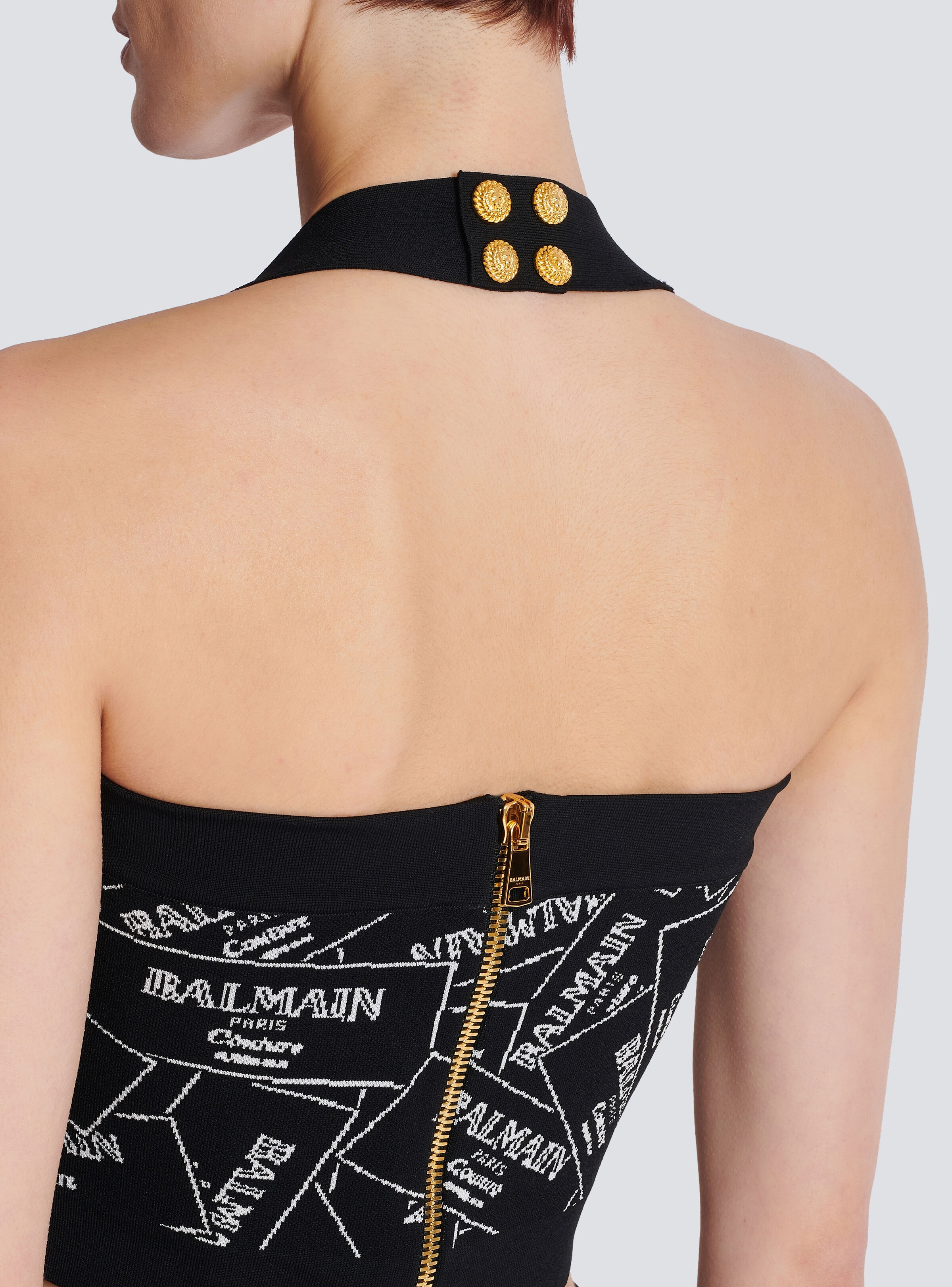 Knit halterneck top with Balmain label motif - 8