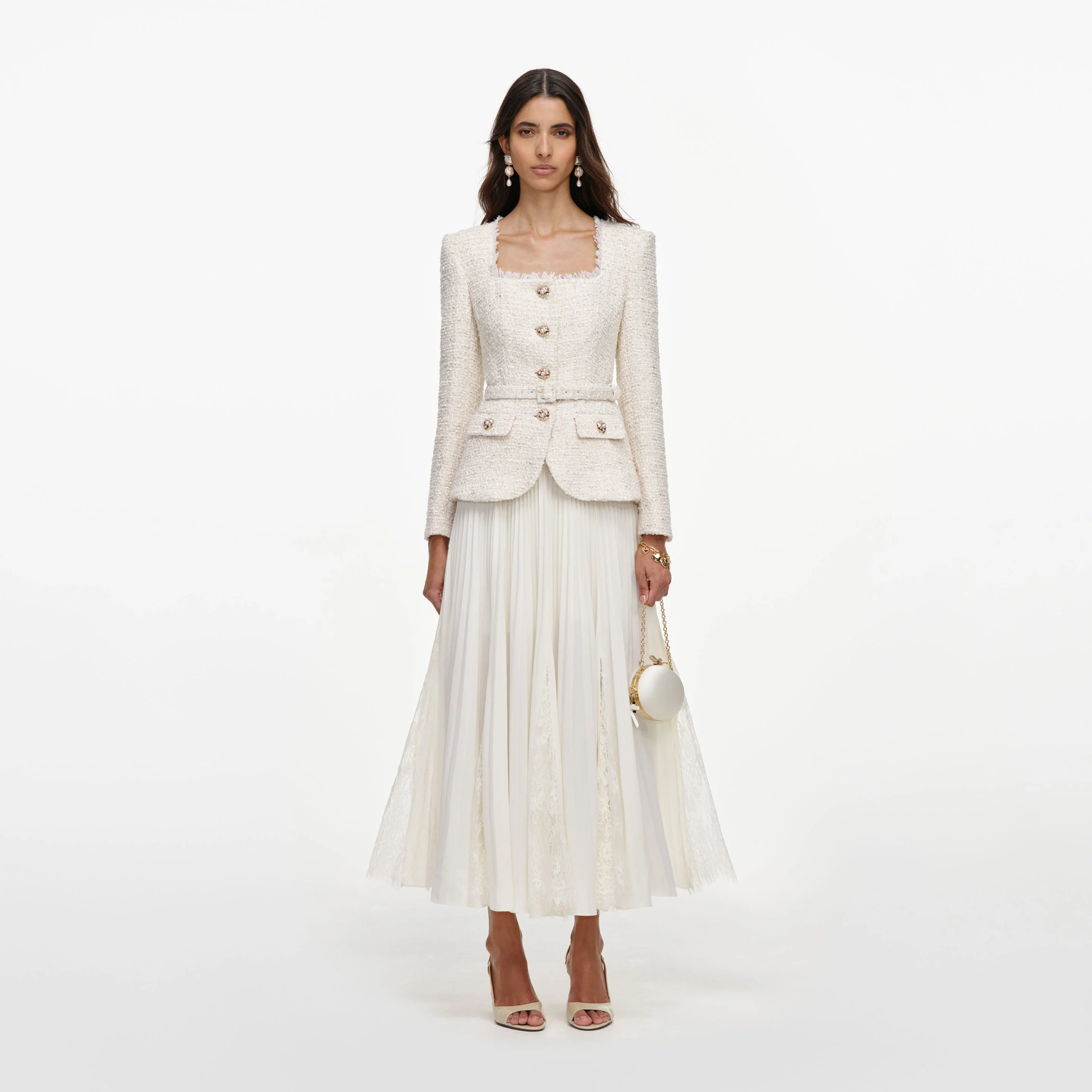 Cream Tailored Boucle And Chiffon Midi Dress - 1